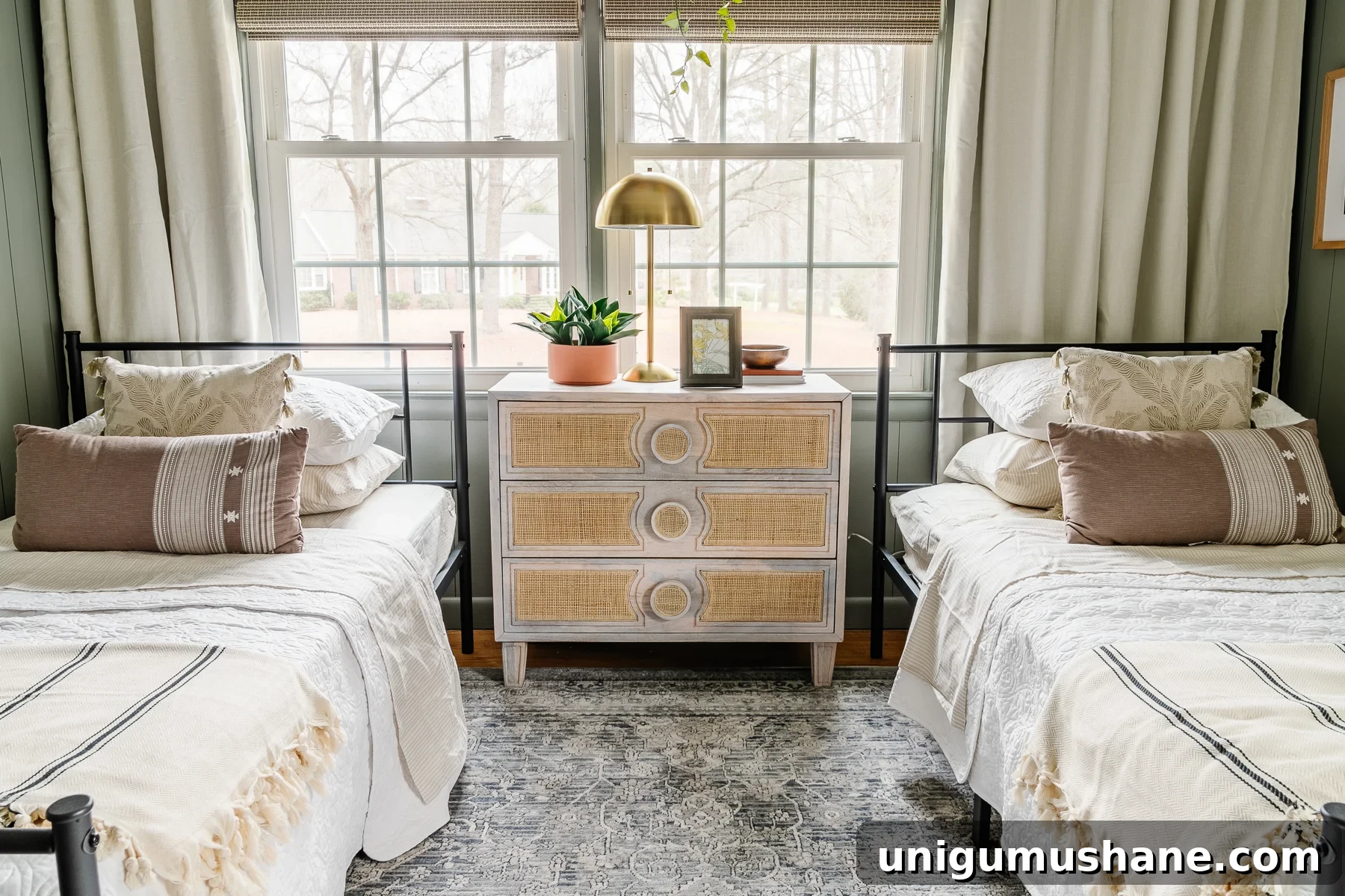 Shared Teen Girls Bedroom with Modern Cottage Style 4 bedroom with twin beds in front of off center window