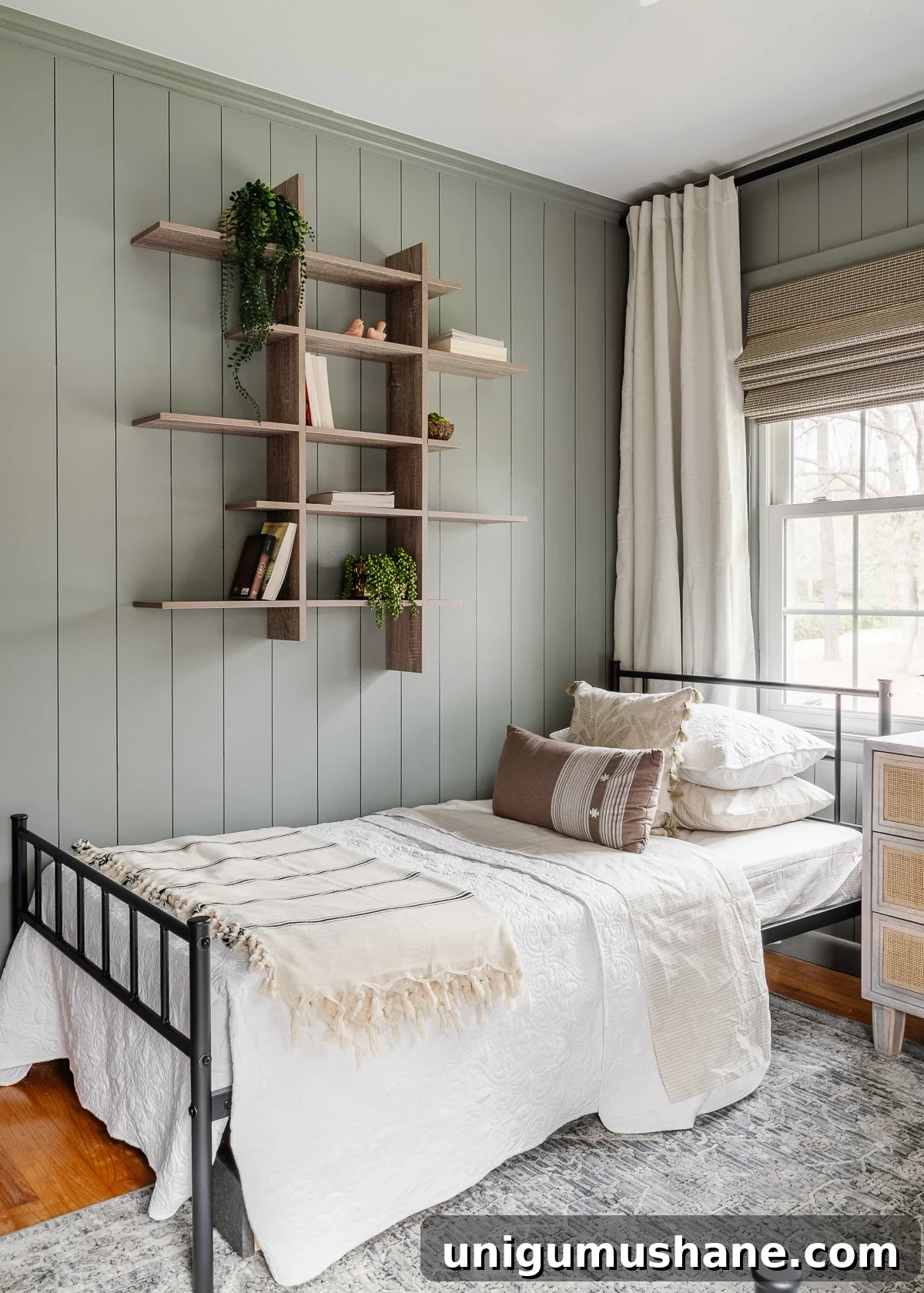 Shared Teen Girls Bedroom with Modern Cottage Style 9 modern cottage style bedroom with Sharpie wall planking and Sherwin Williams Evergreen Fog
