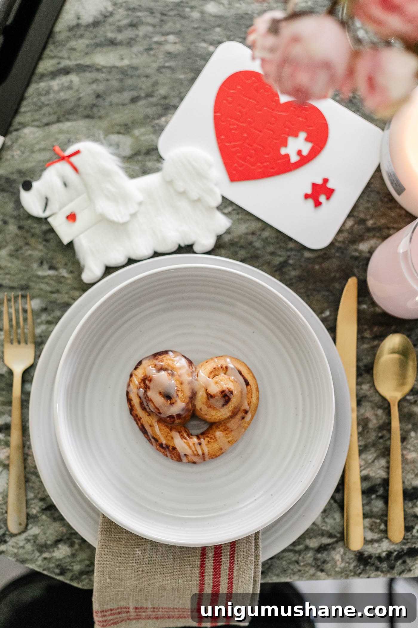 Valentine's Day Breakfast Charcuterie Board for Two 9 heart shaped cinnamon rolls - Valentine's Day breakfast idea with place setting