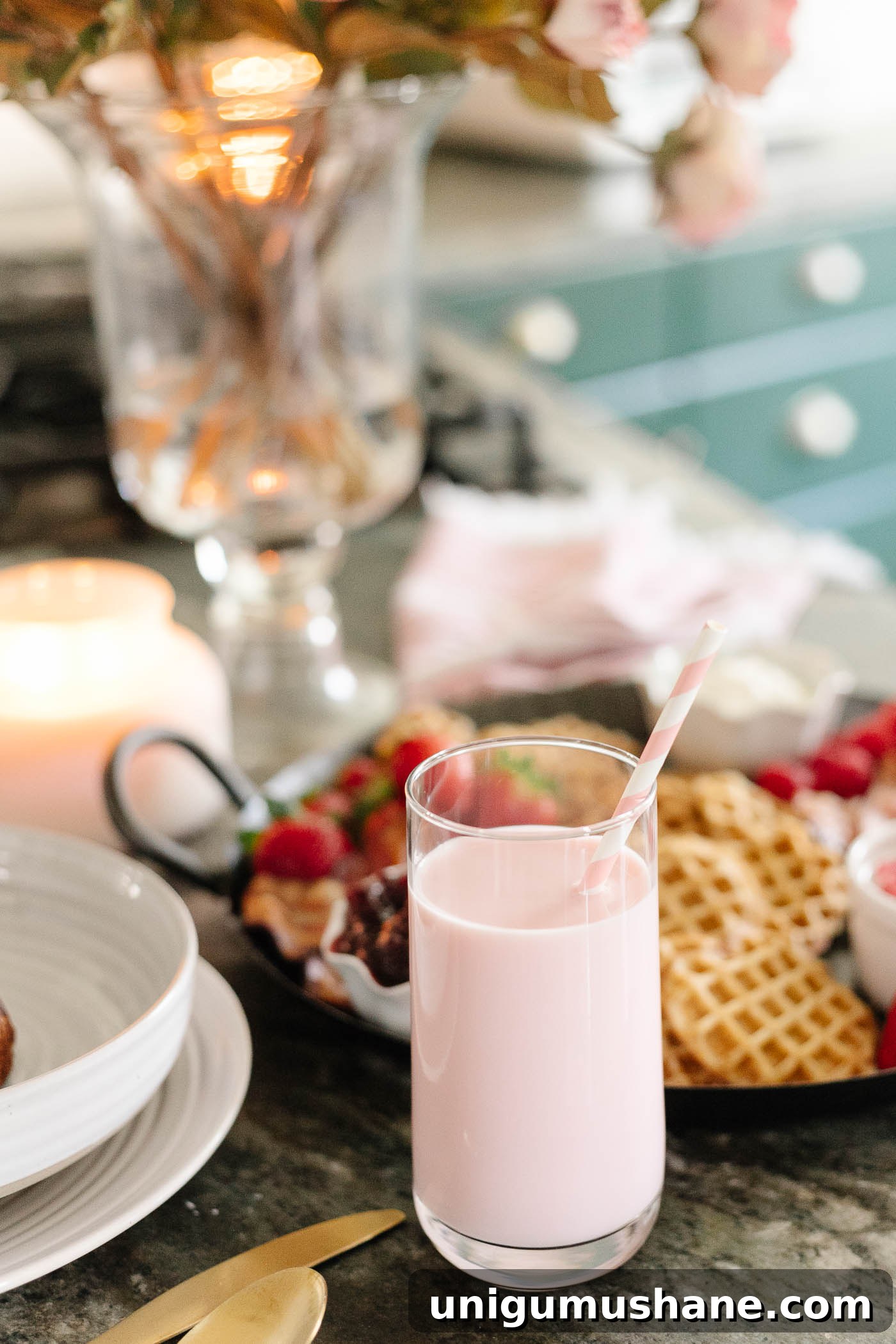 Valentine's Day Breakfast Charcuterie Board for Two 10 Valentine's Day breakfast idea for kids - strawberry milk with pink straws