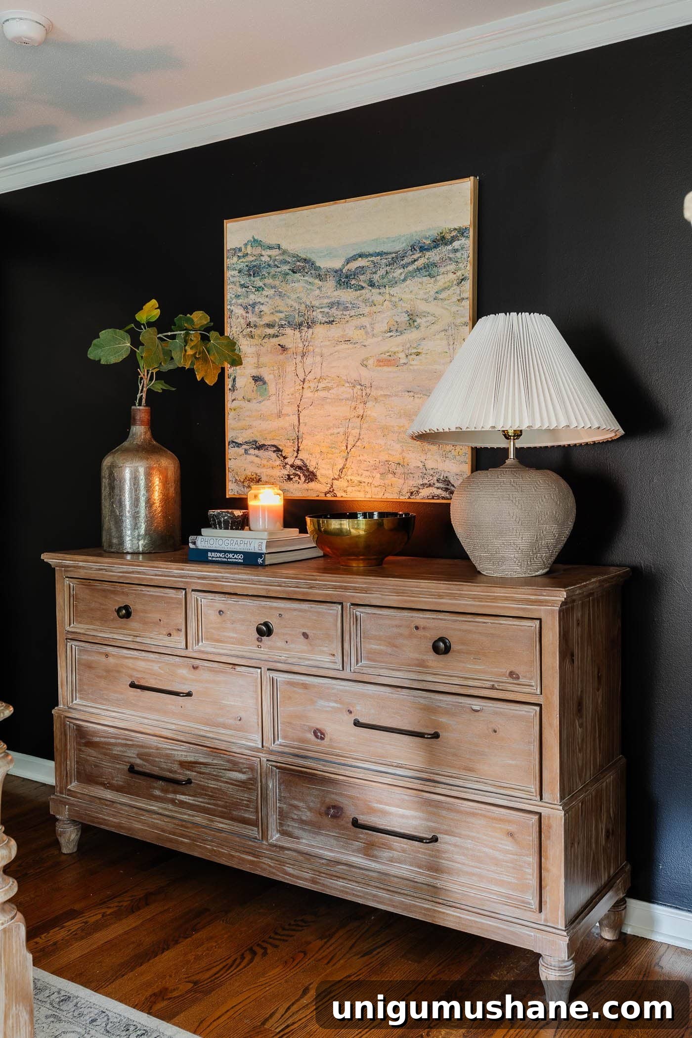 Transform Rustic Table Lamps into Affordable Designer Dupes 9 rustic table lamp with bedroom dresser decor and black walls