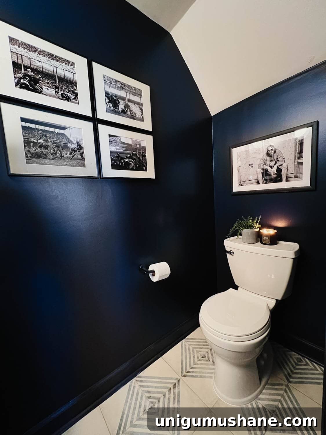 Small Modern Powder Room Makeover for Your Bachelor Pad 4 Benjamin Moore Polo Blue walls in a small powder room with masculine black and white art