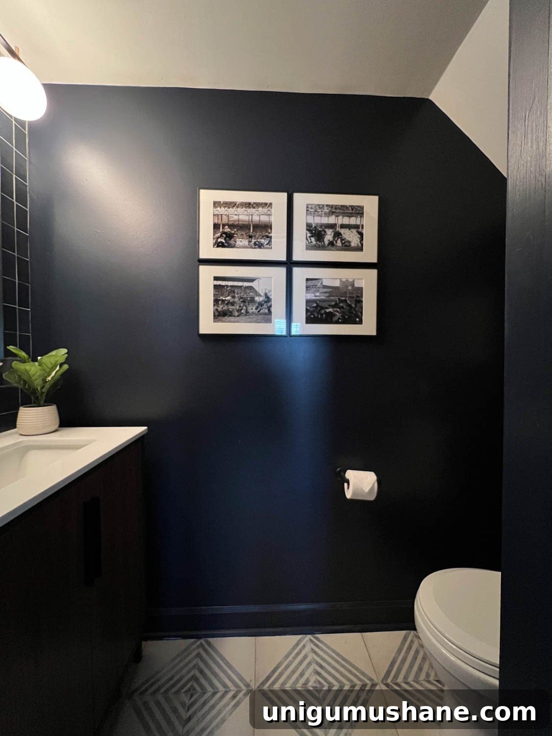 Small Modern Powder Room Makeover for Your Bachelor Pad 6 navy blue modern powder room with patterned tile floor
