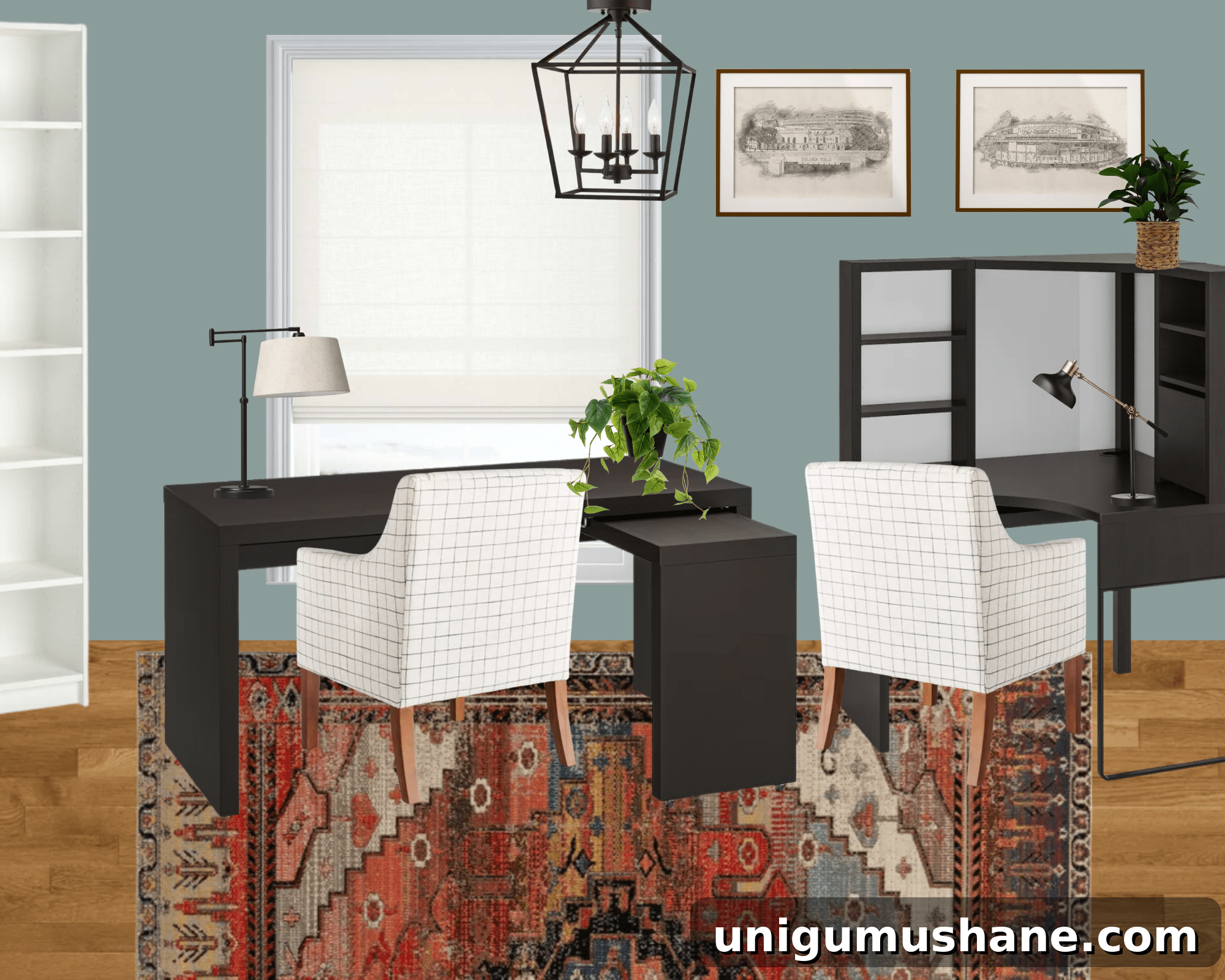 home office mood board with desk and corner desk