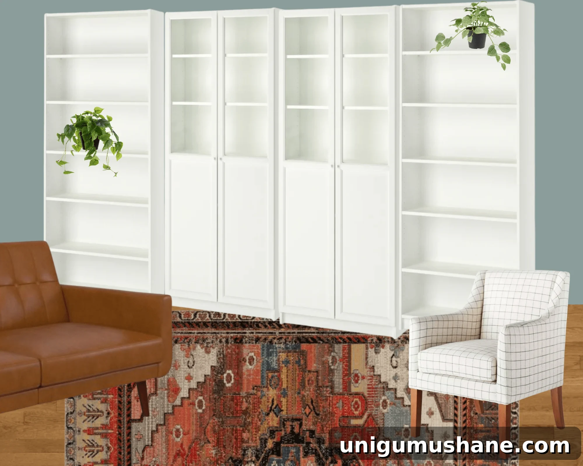 home office mood board using built in shelves