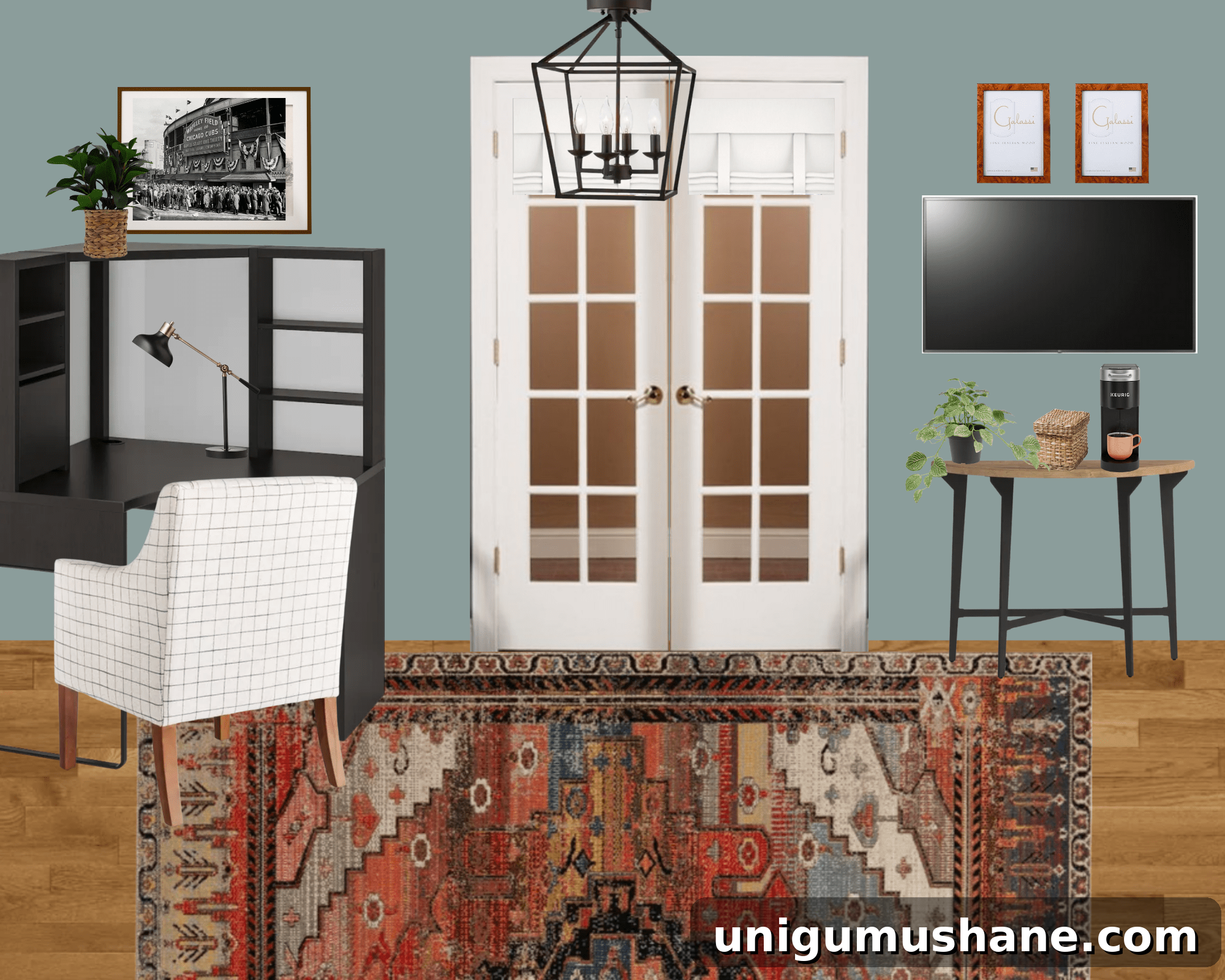 home office french doors mood board with coffee station