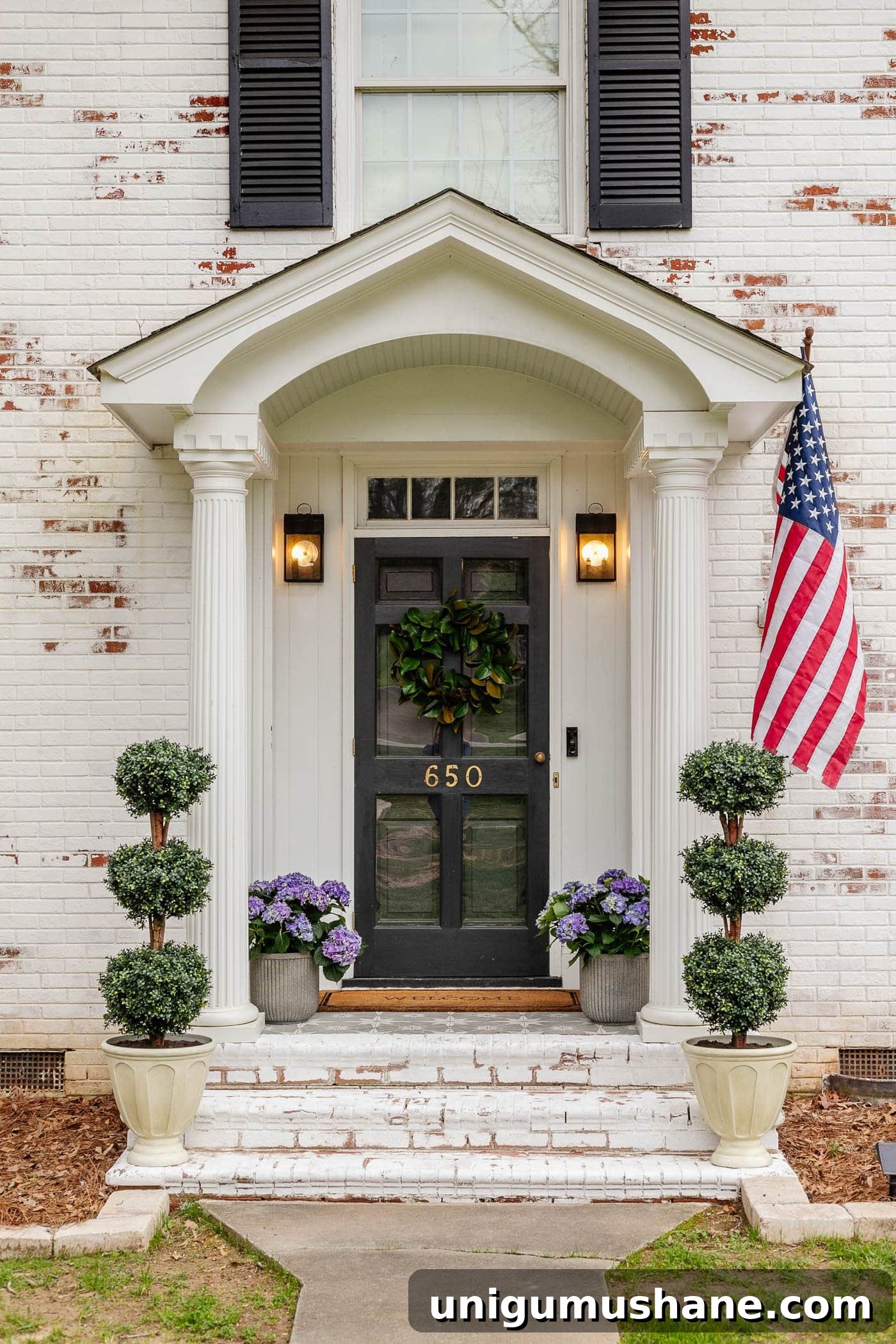 6 Budget-Friendly Small Front Porch Ideas to Boost Curb Appeal 6 colonial small front porch on a limewashed brick house with boxwood topiaries and hydrangeas in planters