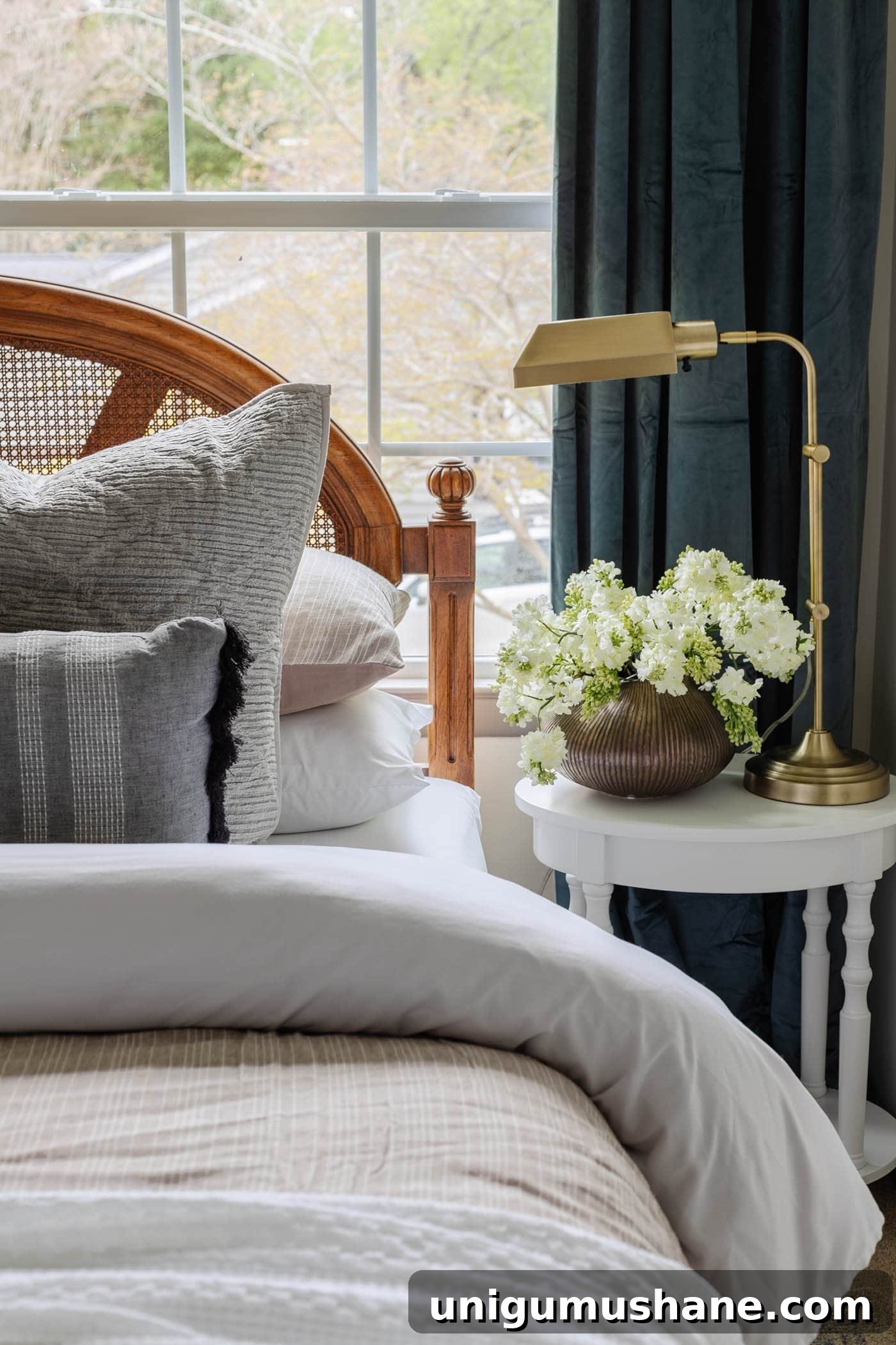How to Redecorate a Room in Under an Hour: Guest Bedroom Refresh 11 nightstand decor with vase of flowers and lamp in a guest bedroom with cane headboard