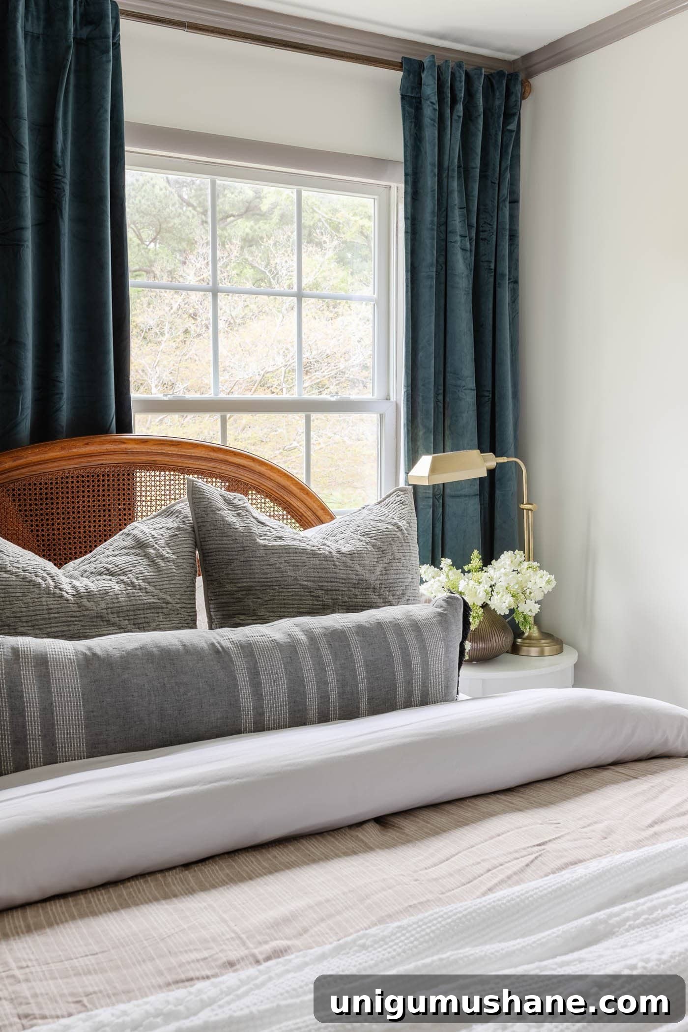 How to Redecorate a Room in Under an Hour: Guest Bedroom Refresh 9 linen bedding on a bed in front of window off center