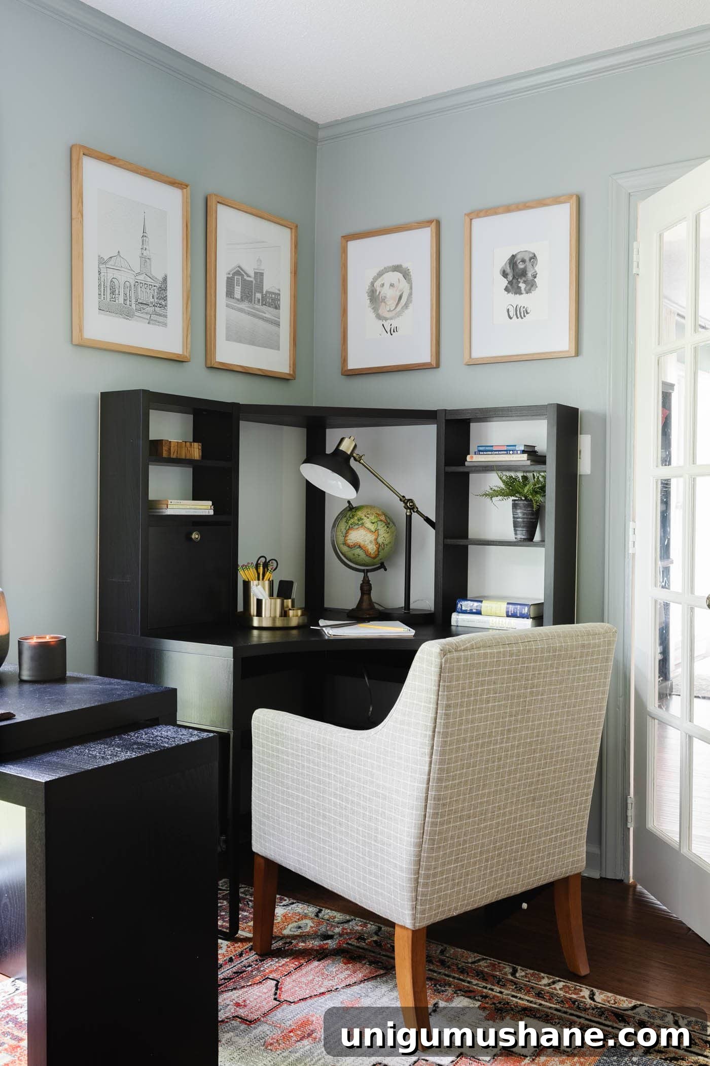 IKEA MICKE corner desk in a home office with globe and lamp for homeschooling