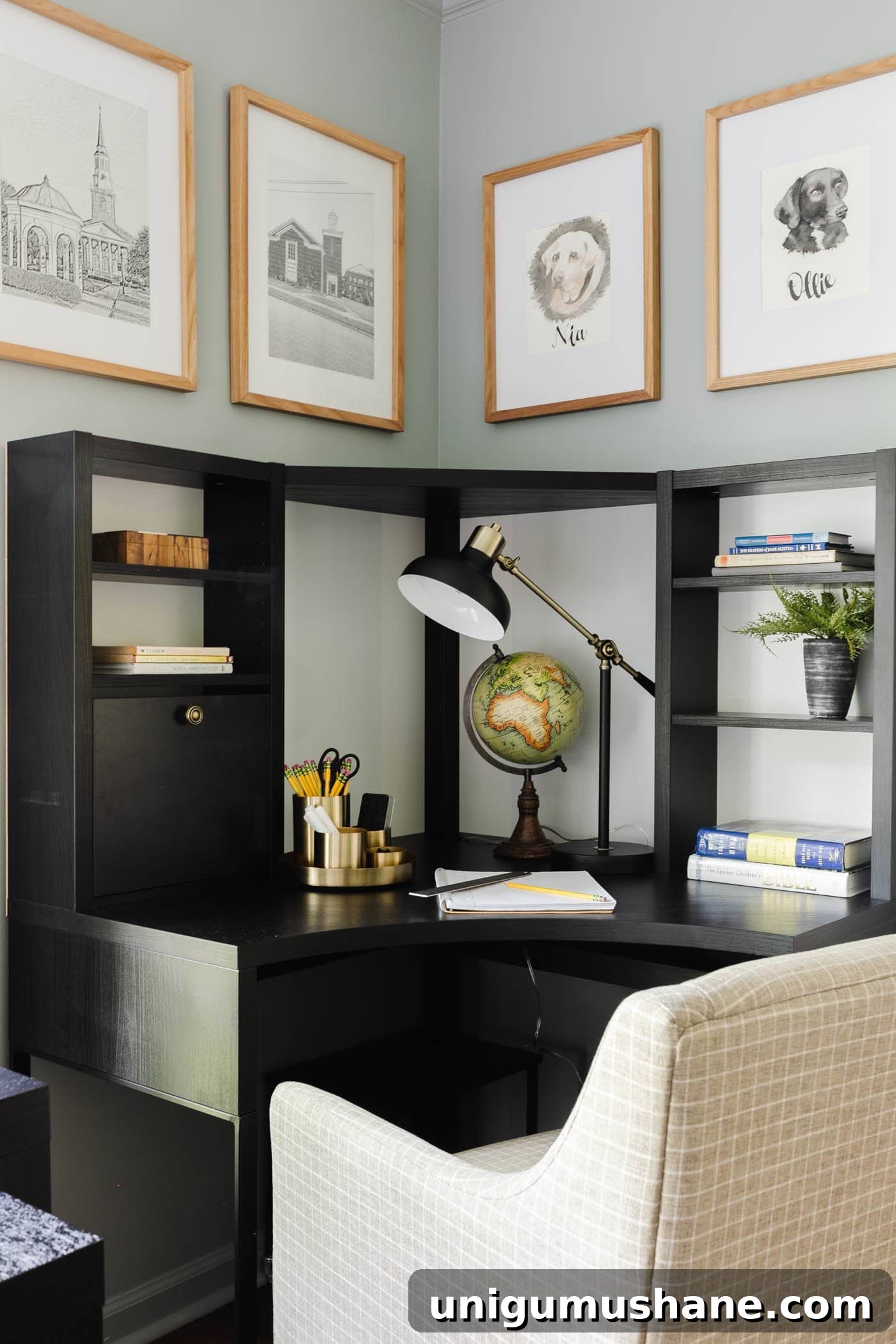 corner desk in a school room for homeschooling and office supply organizer, desk lamp, globe, and upholstered desk chair
