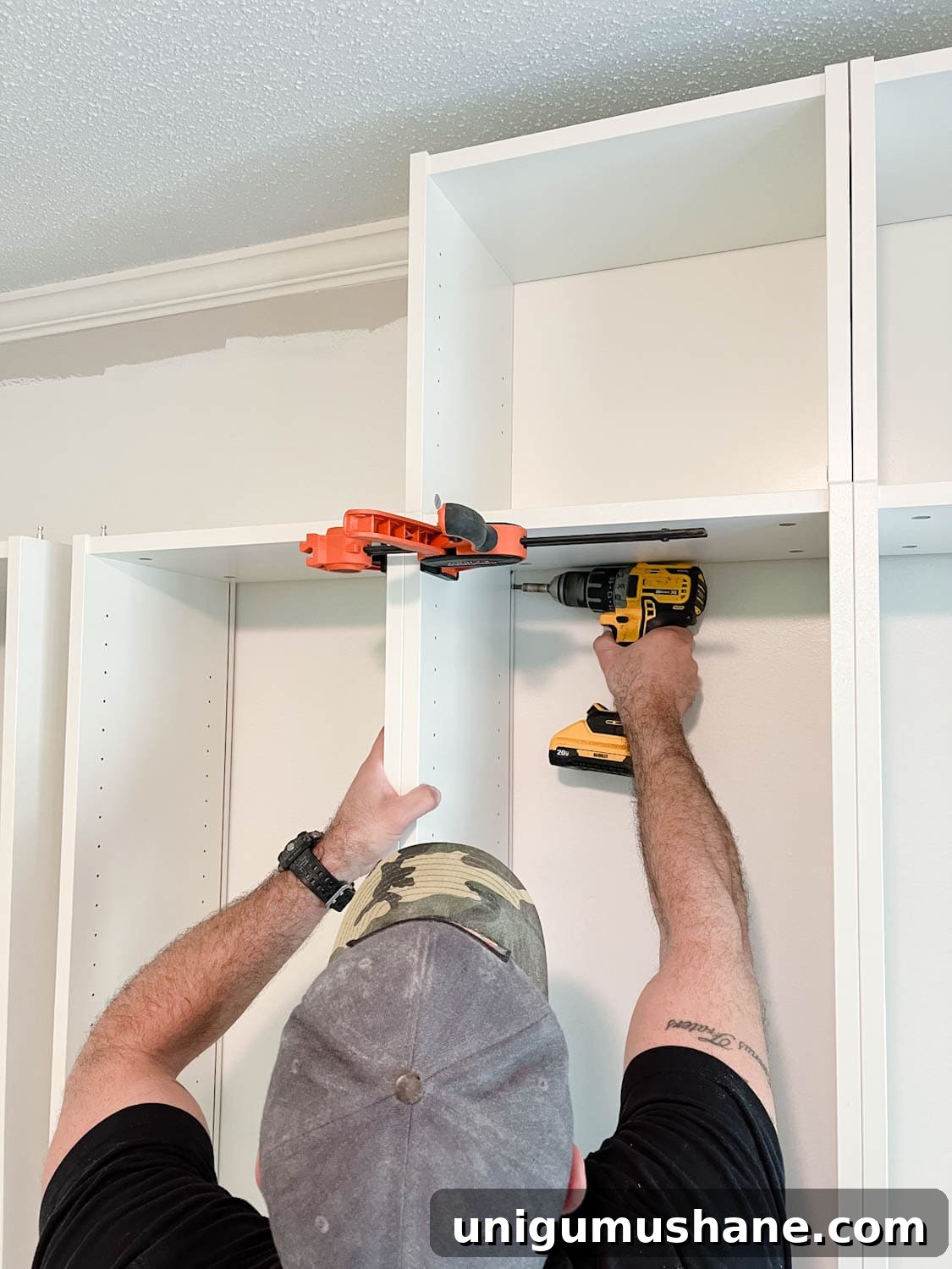 Convert IKEA Billy Bookcases into Built-In Bookshelves 10 clamping bookcases and attaching them together with wood screws