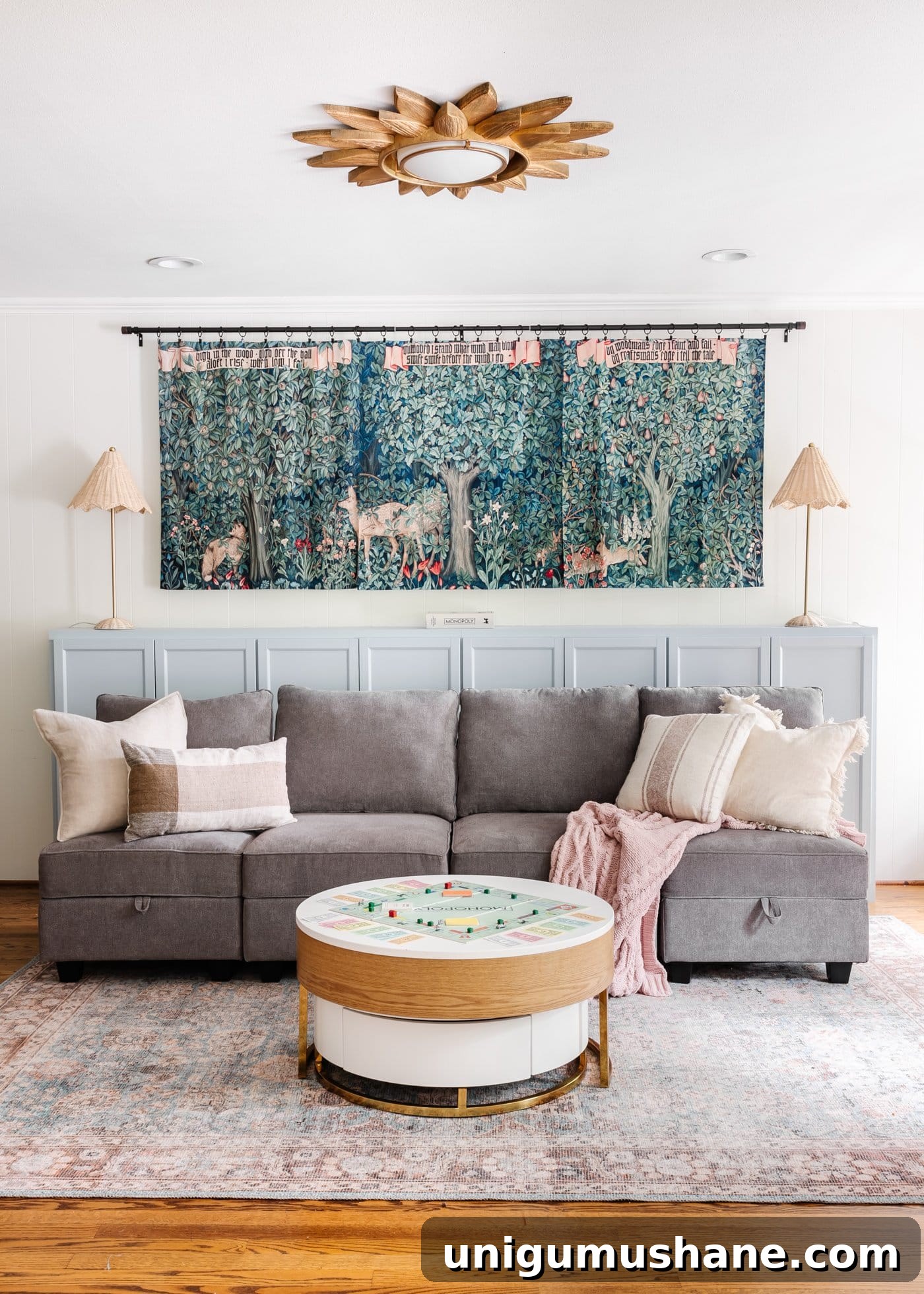 Hidden Toy Storage for Playrooms + Chic Amazon Storage Picks 9 playroom with sectional sofa using modular chairs, cabinet, and round coffee table
