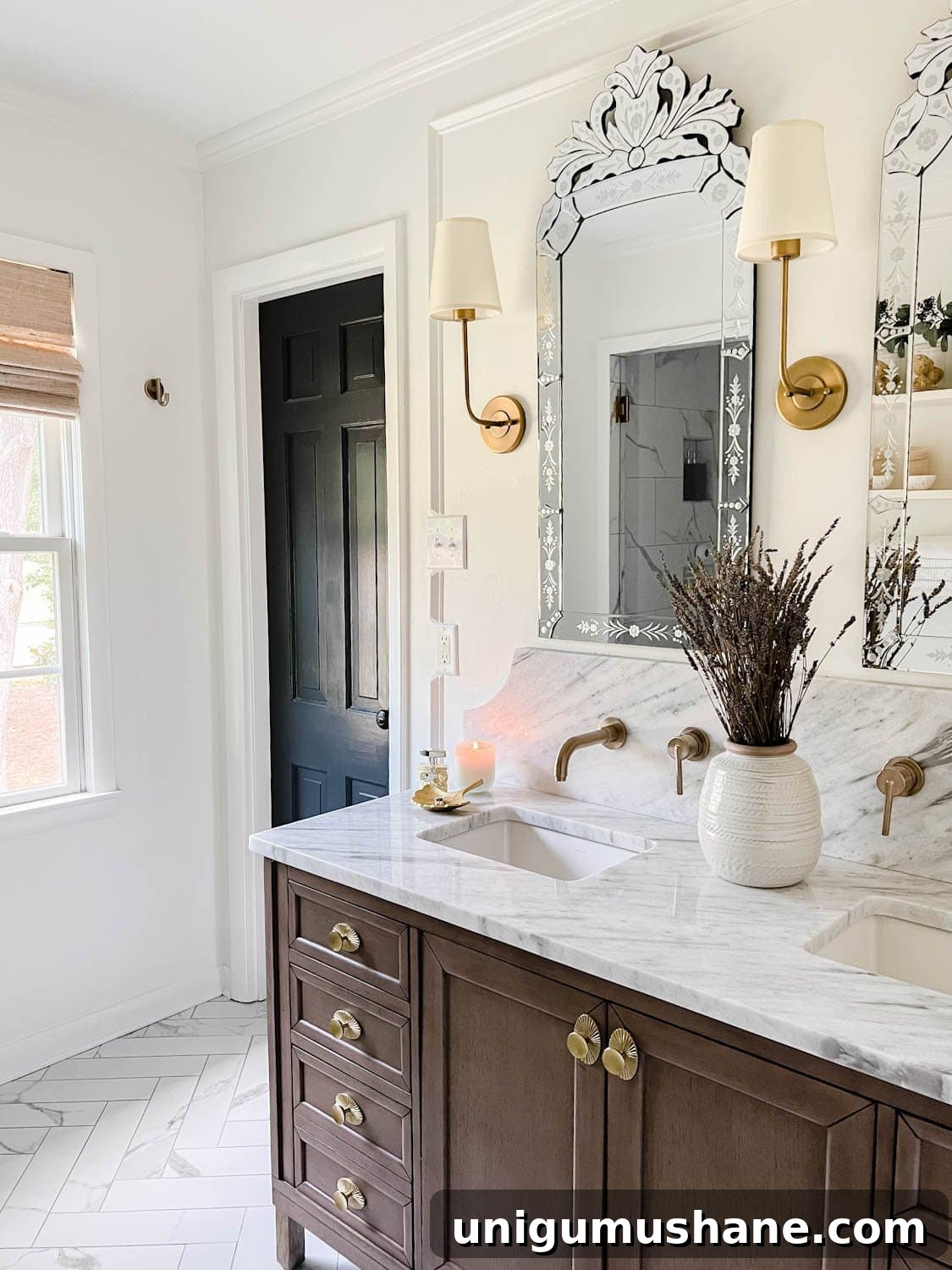 Affordable Spa Bathroom Ideas to Create a Luxury Home Retreat 2 spa bathroom ideas at home with lavender, candle, shaded sconces, and decorative mirrors