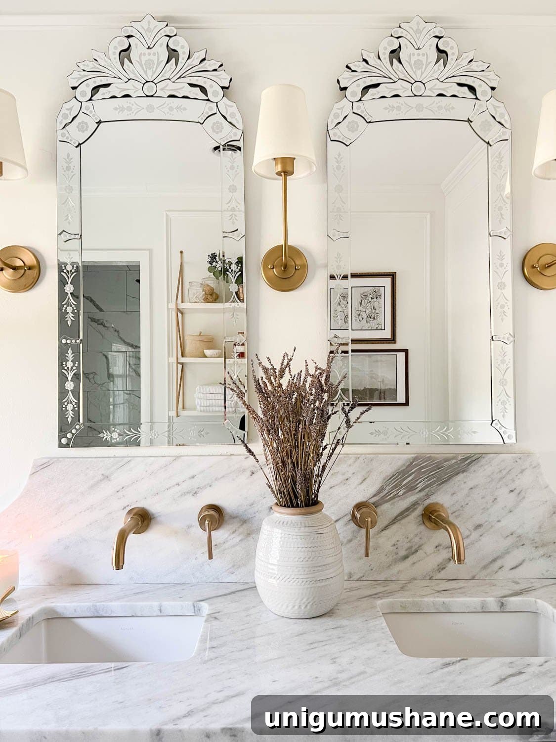 Affordable Spa Bathroom Ideas to Create a Luxury Home Retreat 11 Venetian mirrors, shaded sconces, and lavender in a vase for spa bathroom decor
