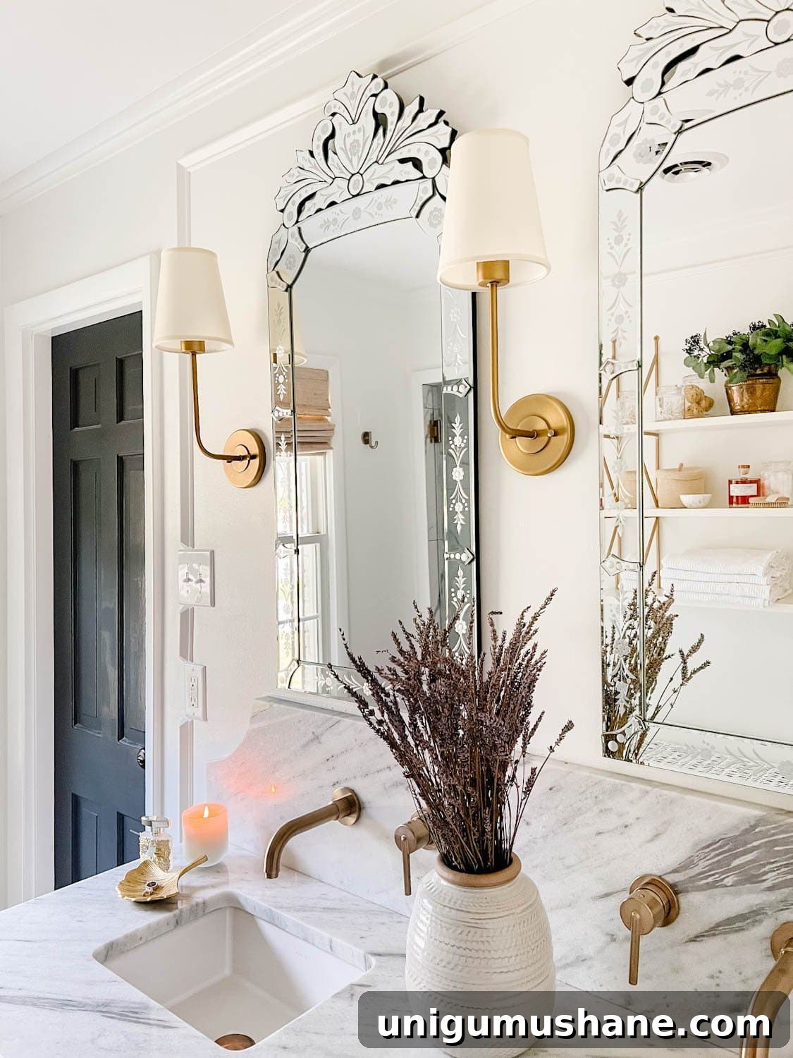 Affordable Spa Bathroom Ideas to Create a Luxury Home Retreat 13 bathroom vanity decor ideas with lavender in a vase, candle, and jewelry tray