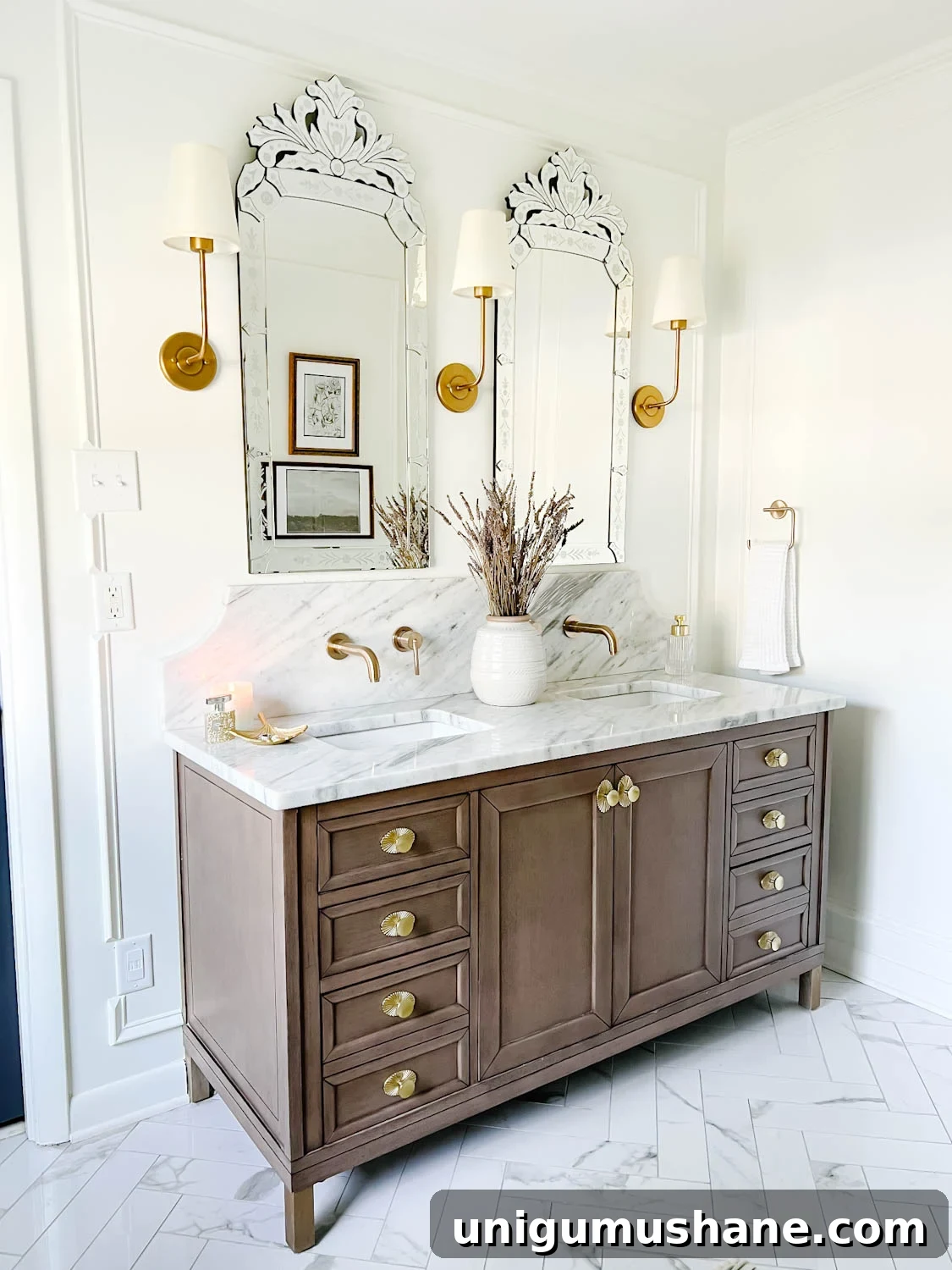 Affordable Spa Bathroom Ideas to Create a Luxury Home Retreat 14 wooden bathroom vanity with marble countertop and scalloped backsplash