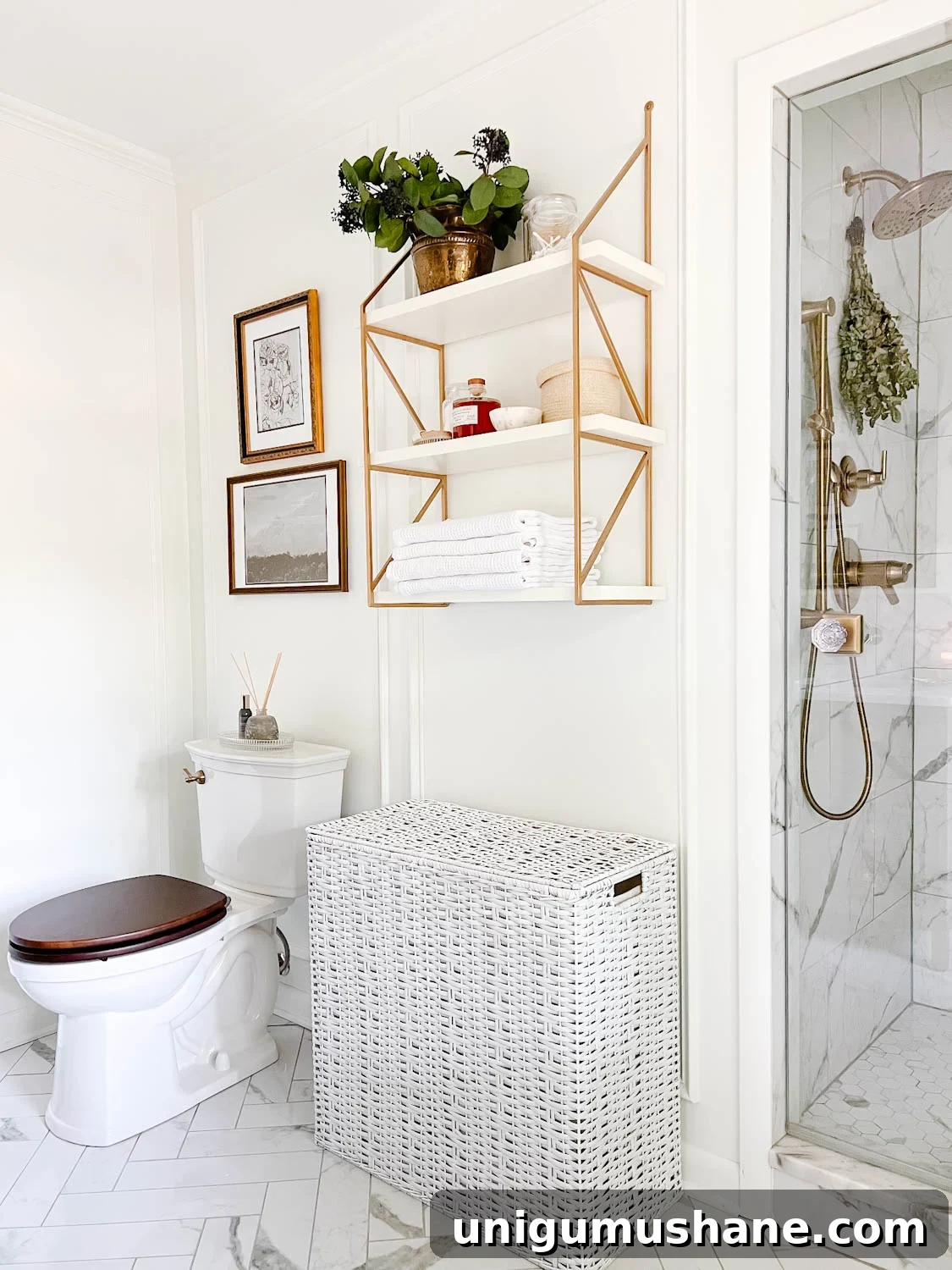 Affordable Spa Bathroom Ideas to Create a Luxury Home Retreat 3 spa bathroom shelf with apothecary jars, eucalyptus from the shower head, and waffle weave towels