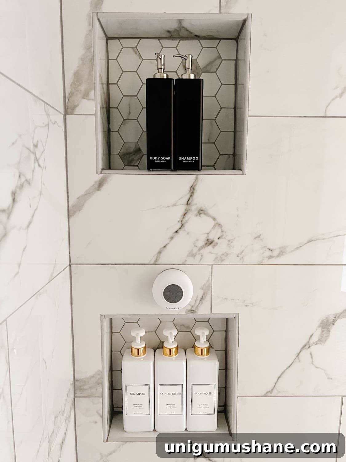 Affordable Spa Bathroom Ideas to Create a Luxury Home Retreat 5 shower dispenser set in shower niche with waterproof bluetooth speaker