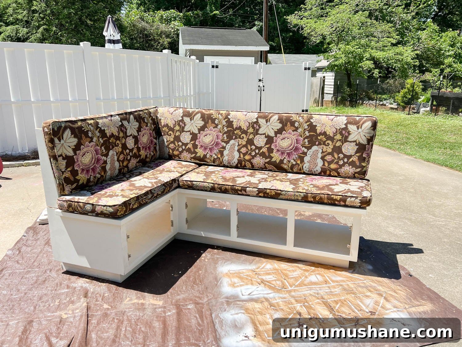 Transform Corner Banquette and Redirect Under Cabinet Air Vents 3 corner banquette before with old fabric on cushions