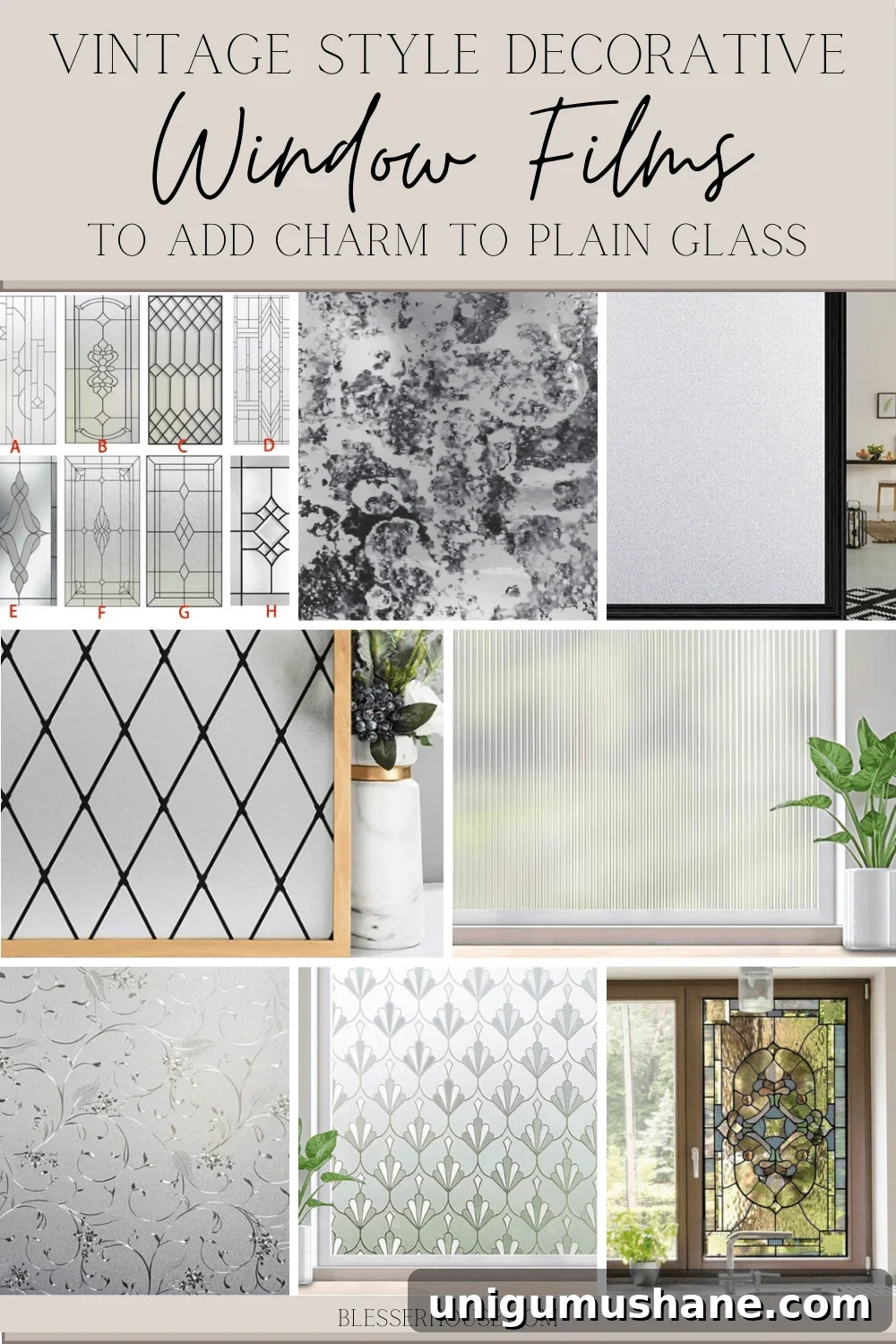 Decorative Window Film Ideas to Transform Home Glass on a Budget 12 collage - vintage style decorative window films to add charm to plain glass