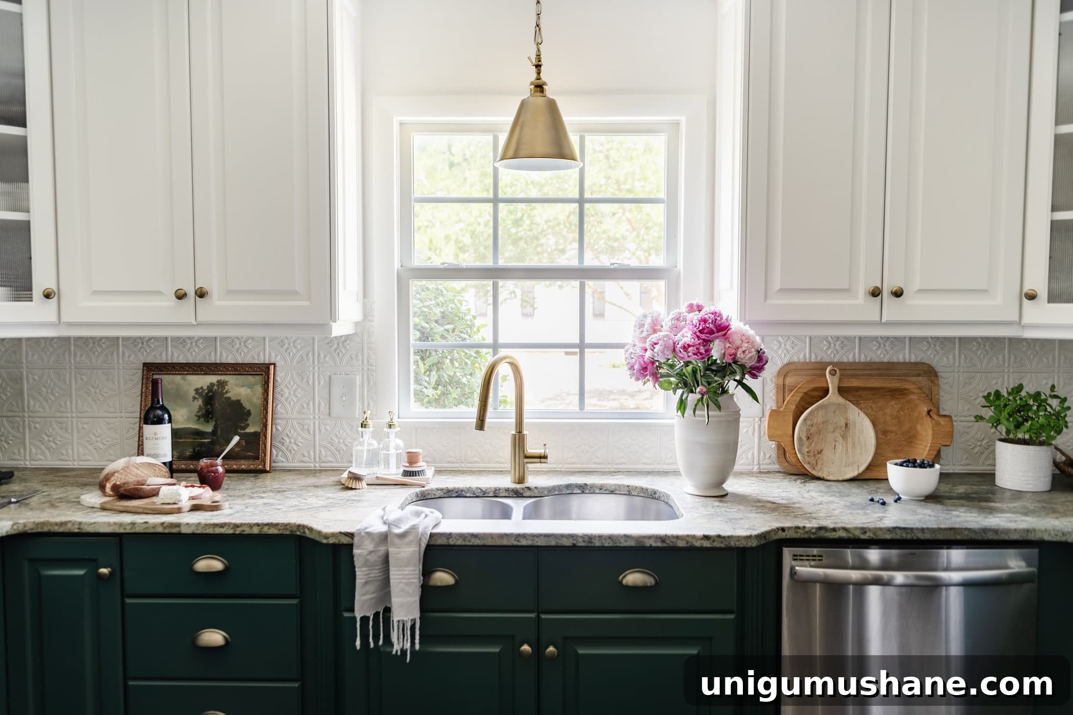 Free Oil Painting Prints for Kitchen Wall Art 3 kitchen countertop decor and sink in front of window with vase of peonies, cutting boards, and printable kitchen artwork