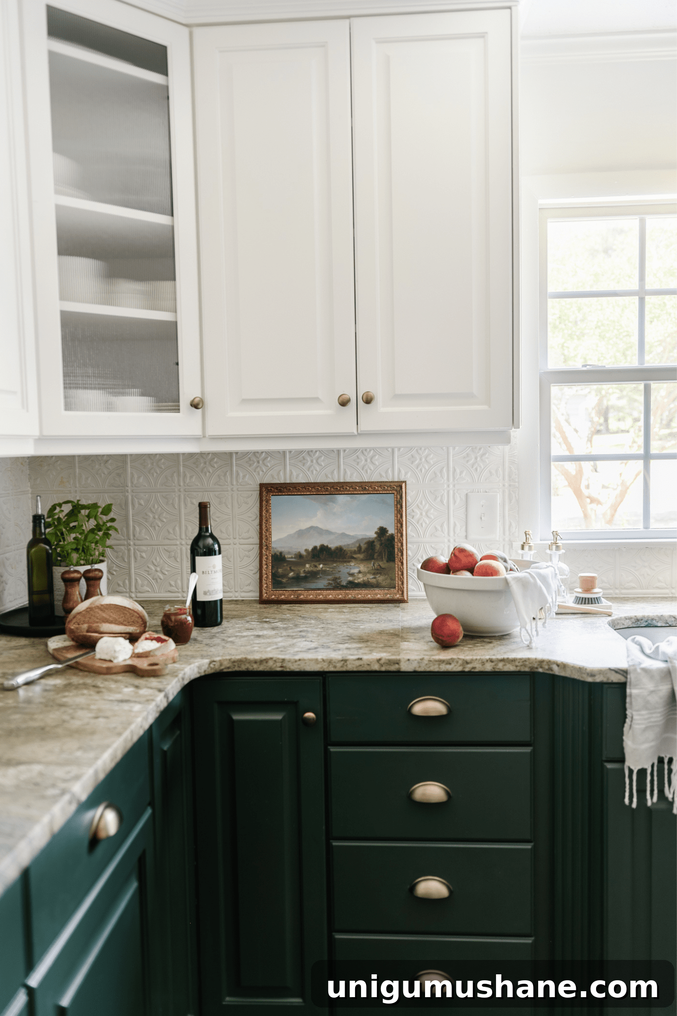 Free Oil Painting Prints for Kitchen Wall Art 8 framed landscape oil painting print as kitchen art on a countertop with bowl of peaches and tray with a plant