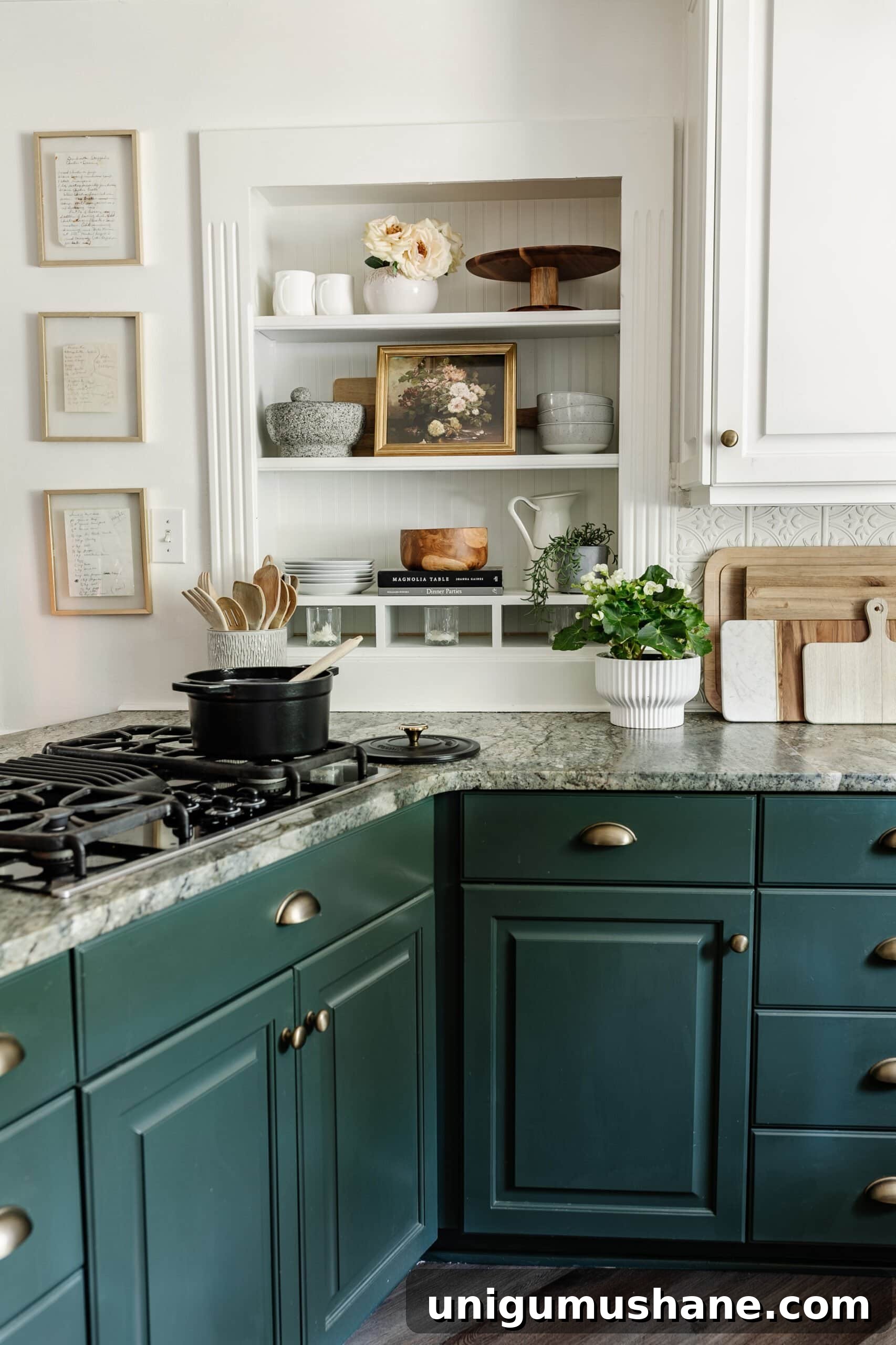 decorated kitchen shelves with framed recipe art