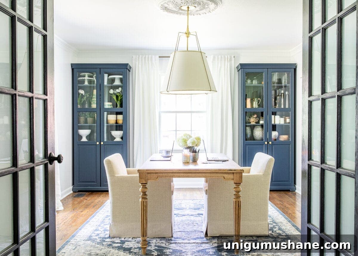 5-Year Home Transformation: Before and After Tour 10 home office for two with work table and rolling arm chairs, white walls, navy blue storage cabinets, and black French doors