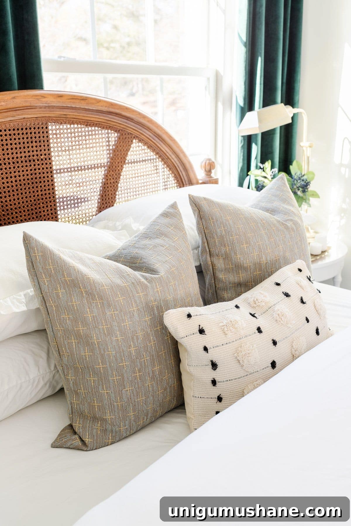 Fall Pillows That Transition Seamlessly Through Every Season 3 khaki and cream early fall pillows on a bed