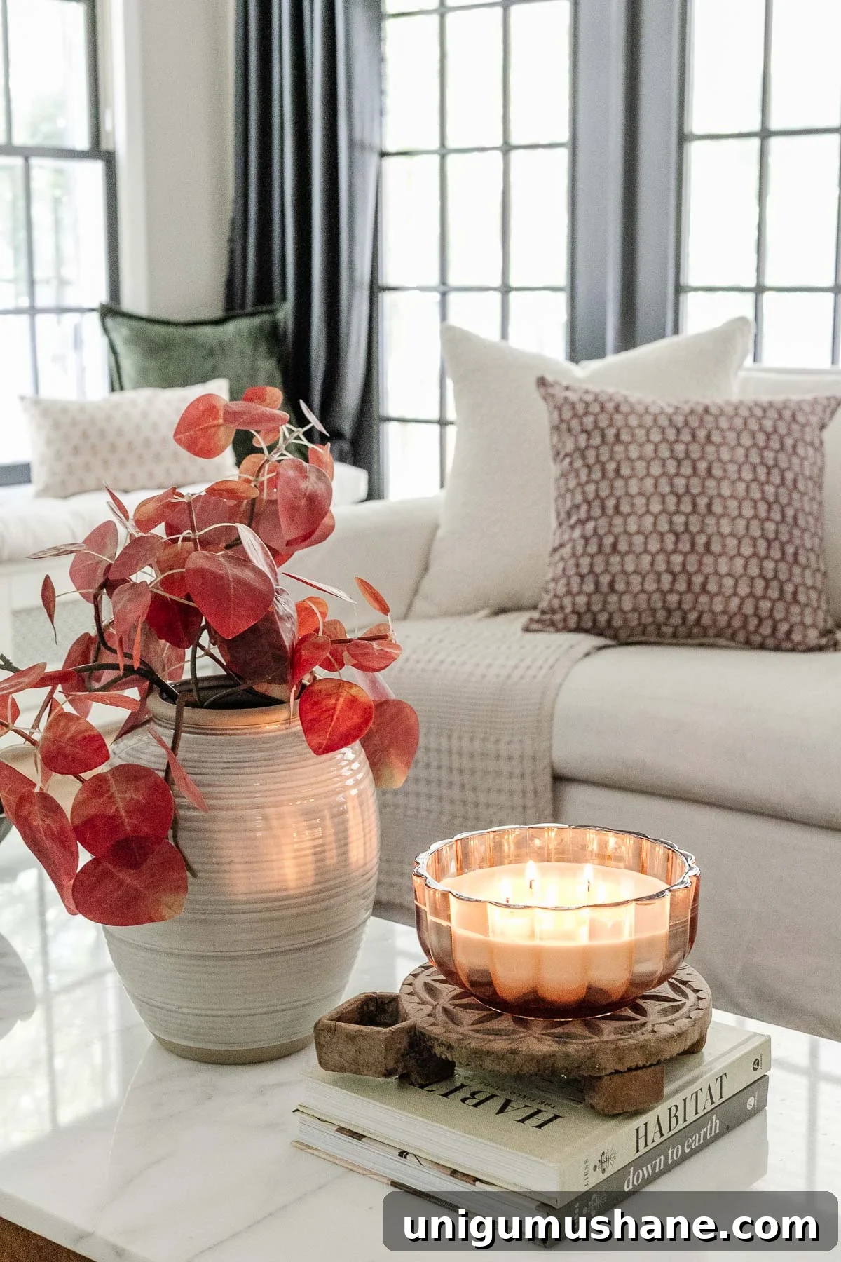 Fall Pillows That Transition Seamlessly Through Every Season 7 fall decor on a coffee table with cozy throw pillows behind