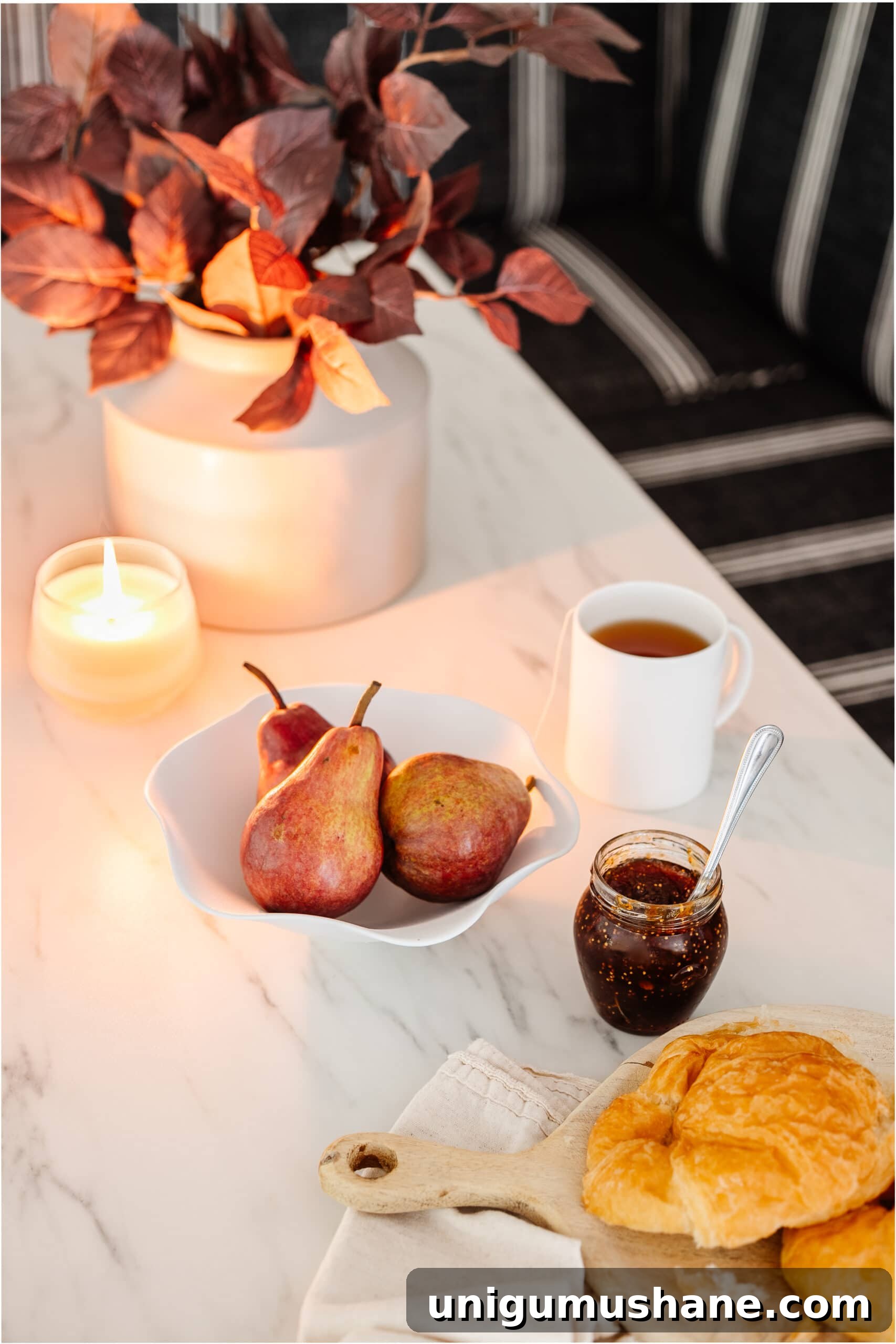 DIY Thrifted Scalloped Bowl Makeover with White Spray Paint 4 white ruffled bowl on a dining table with pears and vase of fall branches