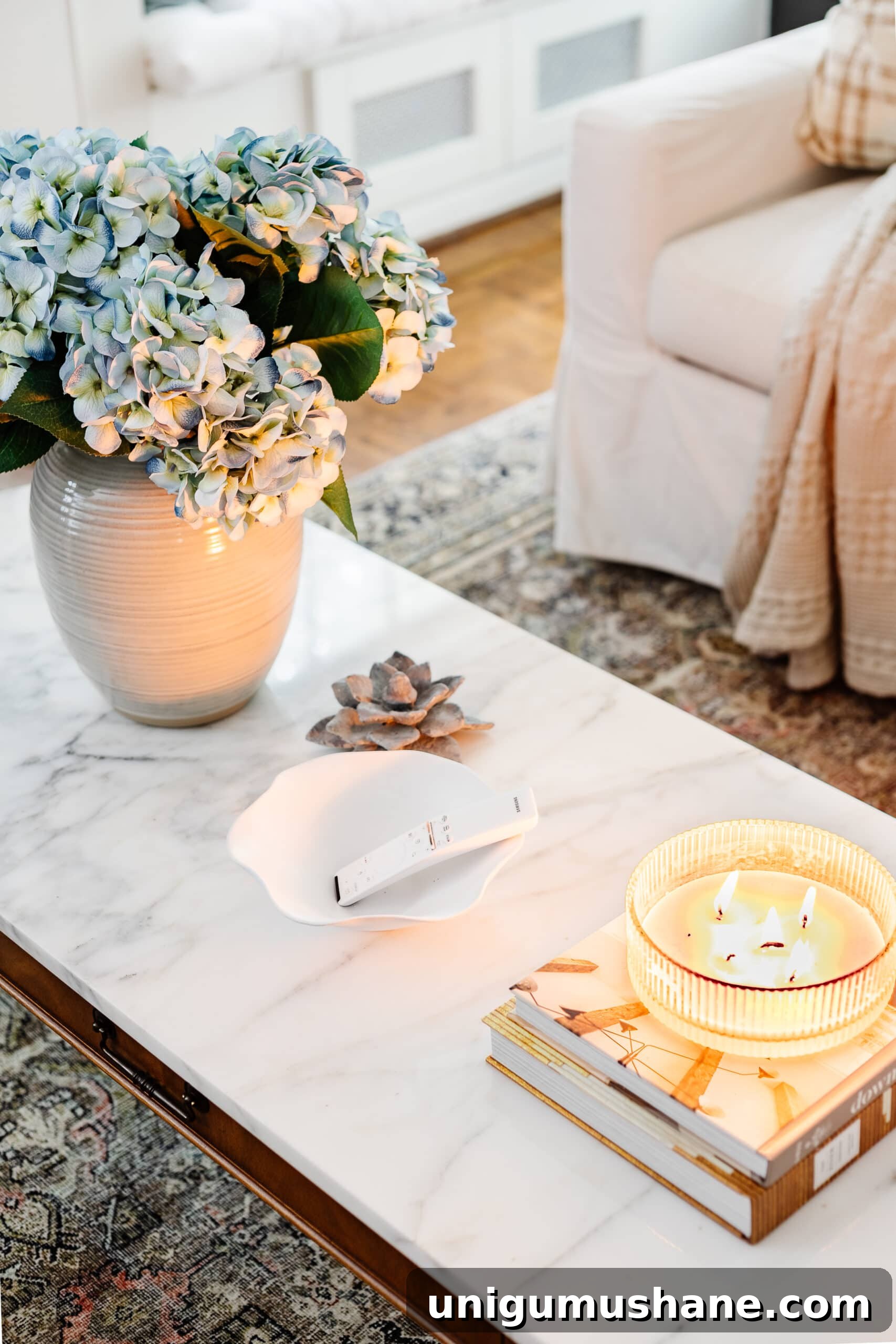 DIY Thrifted Scalloped Bowl Makeover with White Spray Paint 5 decorative bowl on a coffee table for holding TV remote