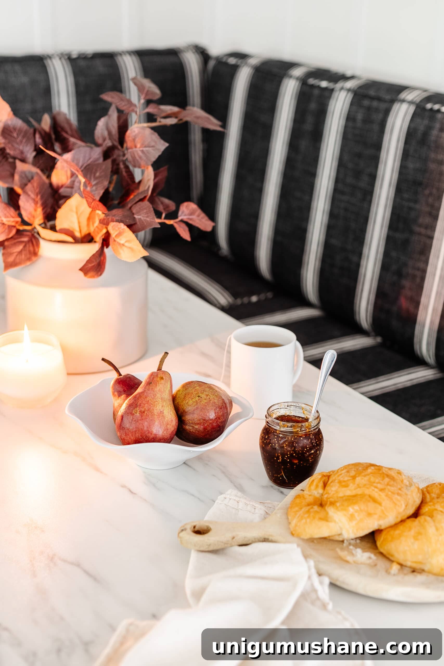 DIY Thrifted Scalloped Bowl Makeover with White Spray Paint 6 scalloped bowl on a dining table with pears, jam, and croissants