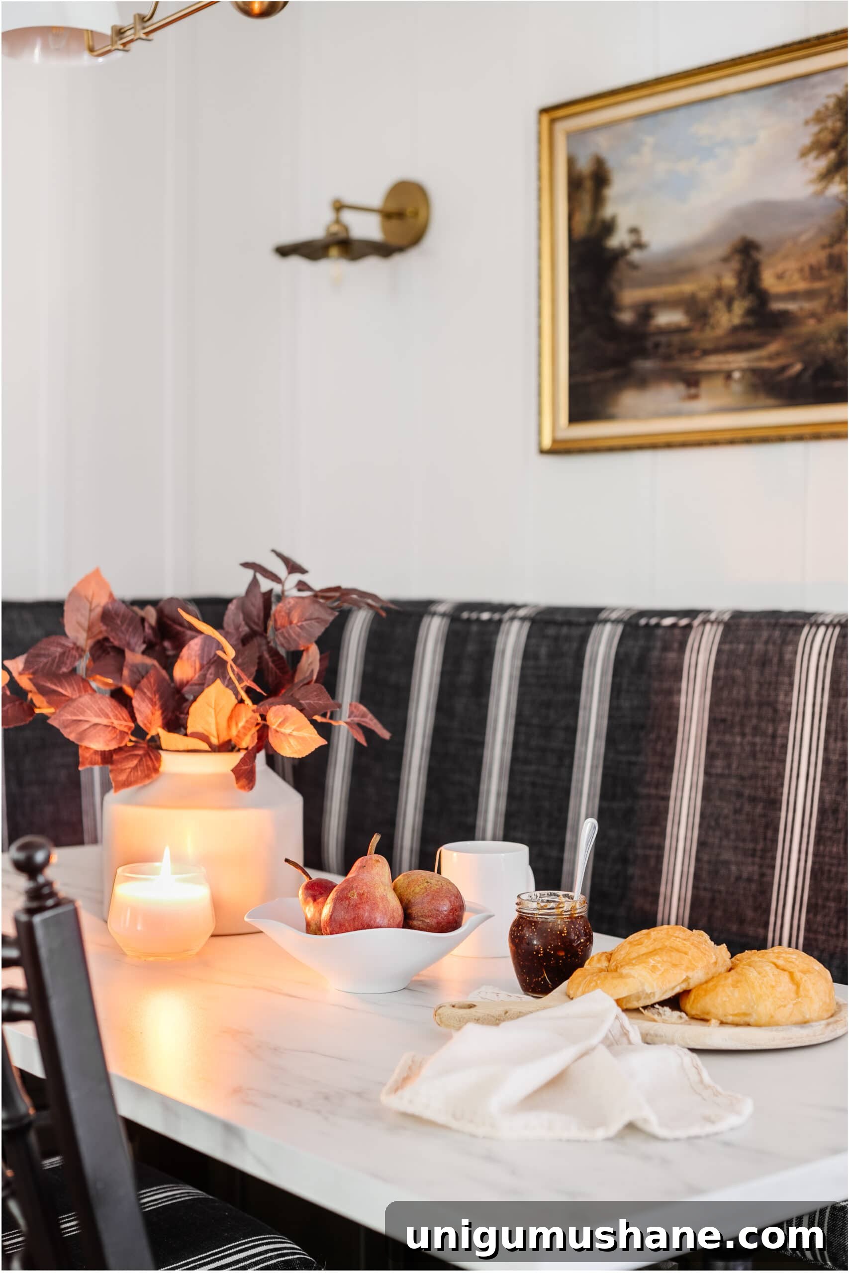 DIY Thrifted Scalloped Bowl Makeover with White Spray Paint 9 scalloped fruit bowl of pears on a dining room table decorated for fall
