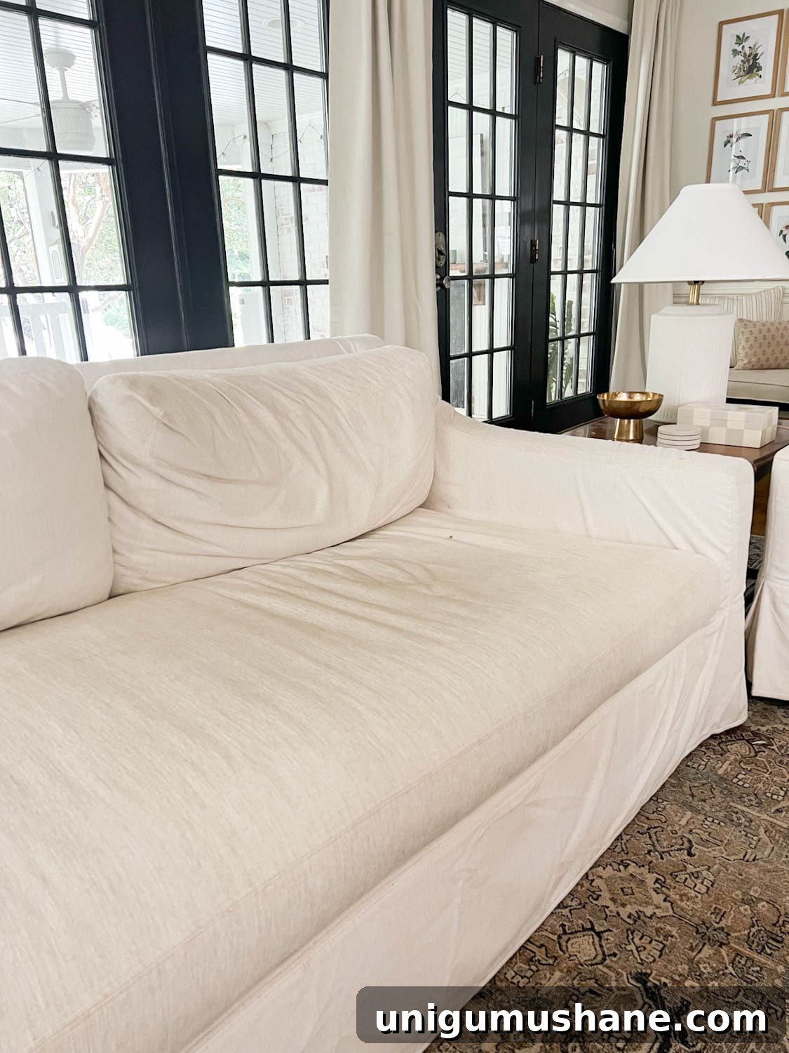 Pottery Barn couch with Sunbrella fabric before DIY couch cleaning 