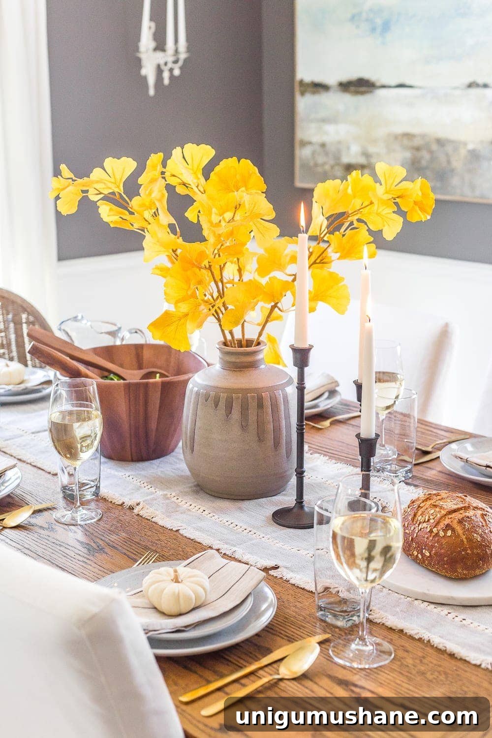 DIY Fall Centerpiece Ideas Using Autumn Branches 12 simple fall centerpiece using yellow ginkgo fall branches in a concrete vase