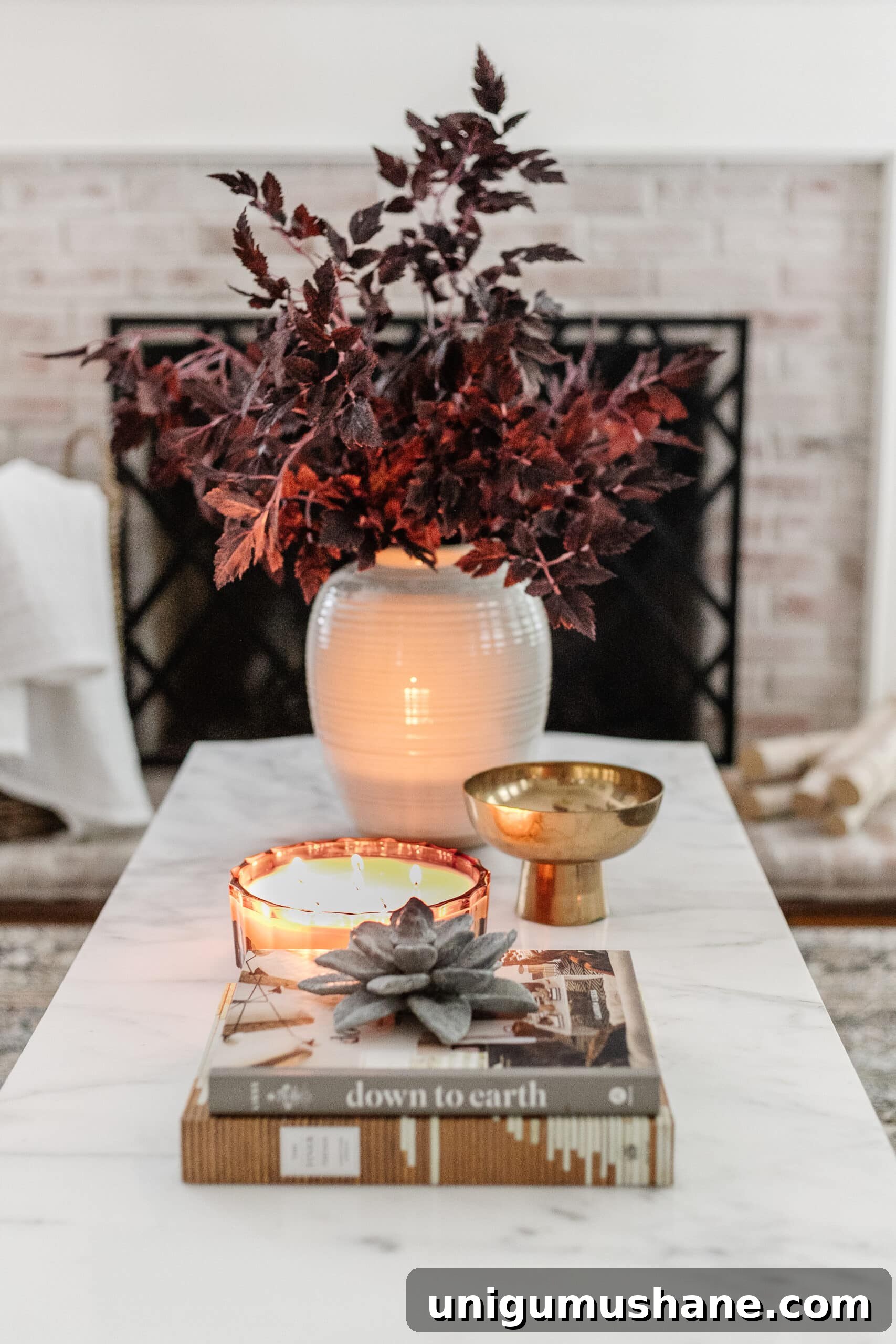DIY Fall Centerpiece Ideas Using Autumn Branches 17 coffee table with vase of fall branches, candle, brass bowl, and stack of books