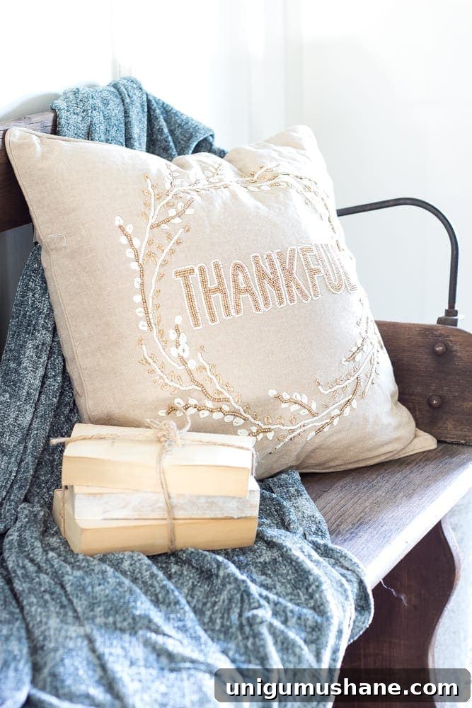 Budget Fall Living Room Decor Ideas That Save Time 12 fall pillow with Thankful and beaded wreath