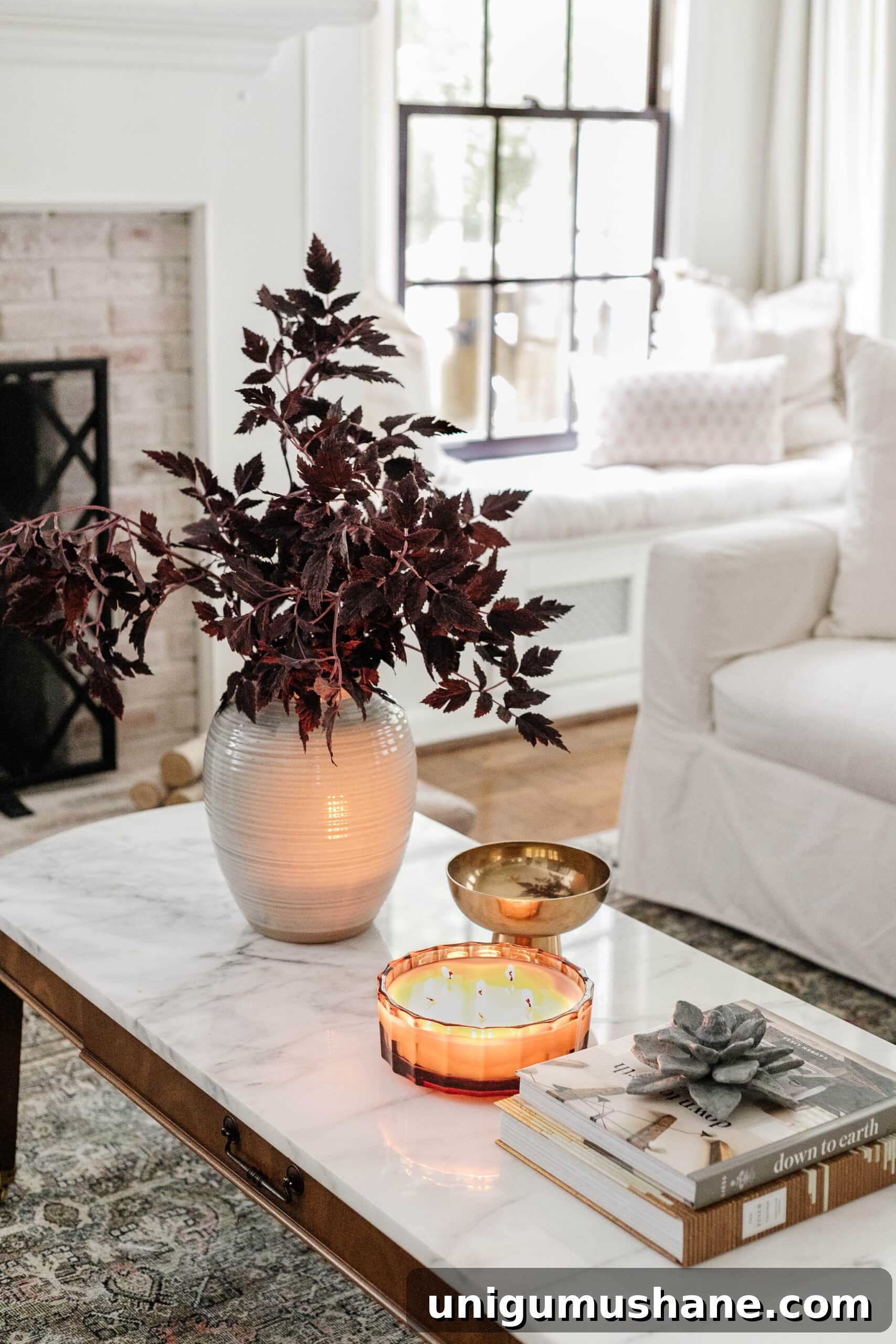 Budget Fall Living Room Decor Ideas That Save Time 15 fall decor on a coffee table with vase of fall branches, candle, brass bowl, and books