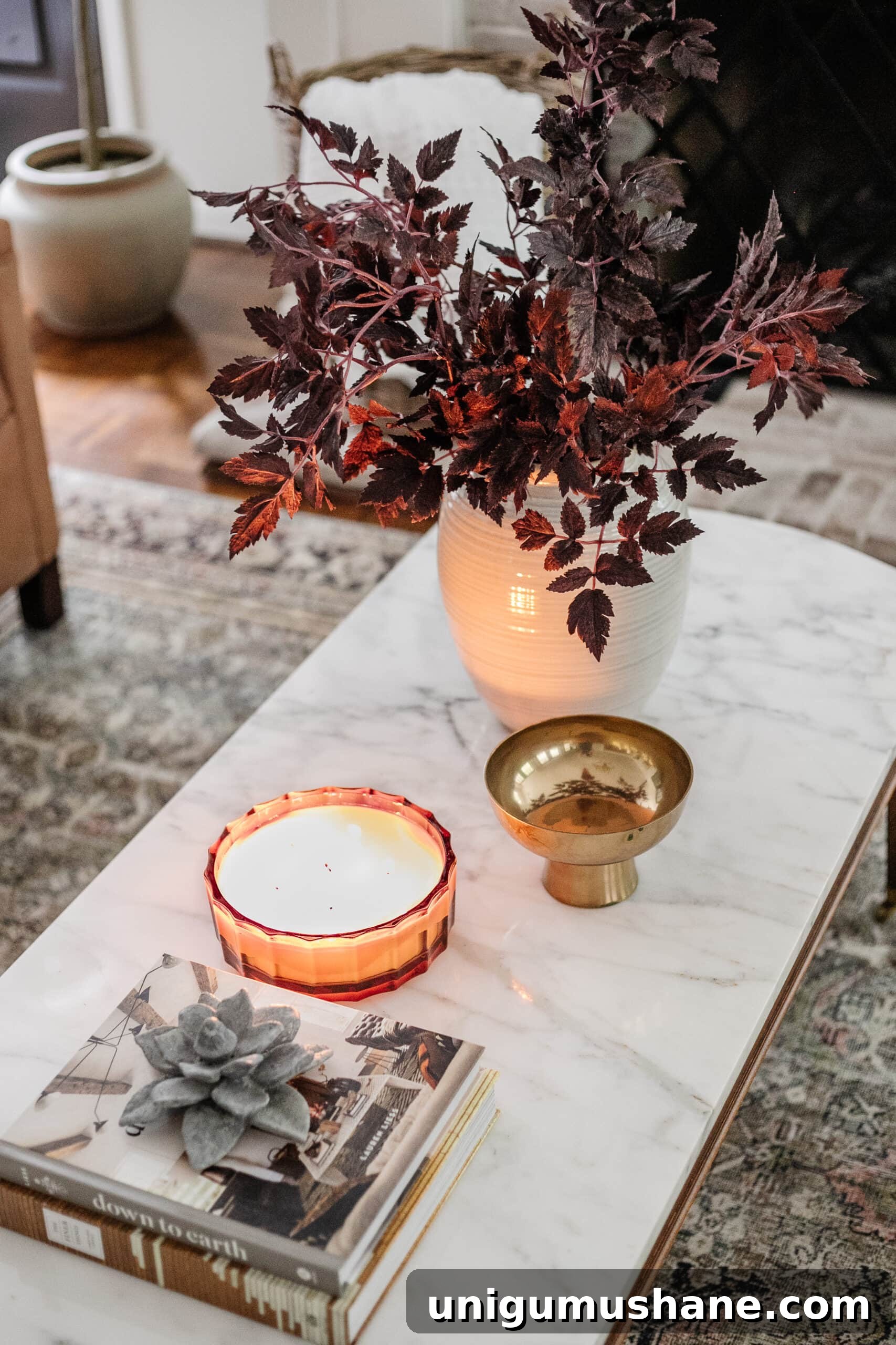 Budget Fall Living Room Decor Ideas That Save Time 22 fall coffee table decor with vase of fall stems, candle, bowl, and books