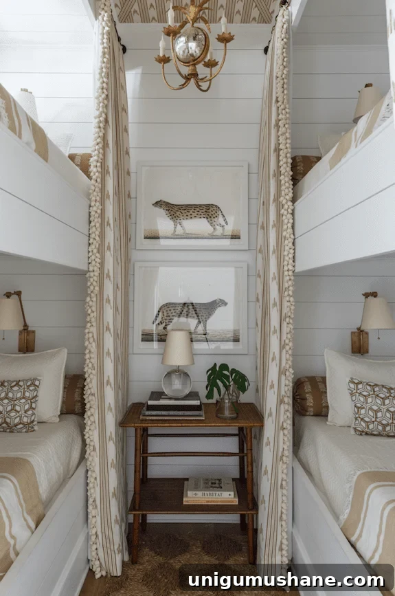 Space-Saving Bunk Bed Ideas for Small Bedrooms 15 coastal grandmother cottage bunk bed curtains for a 4 person shared bedroom in a small room