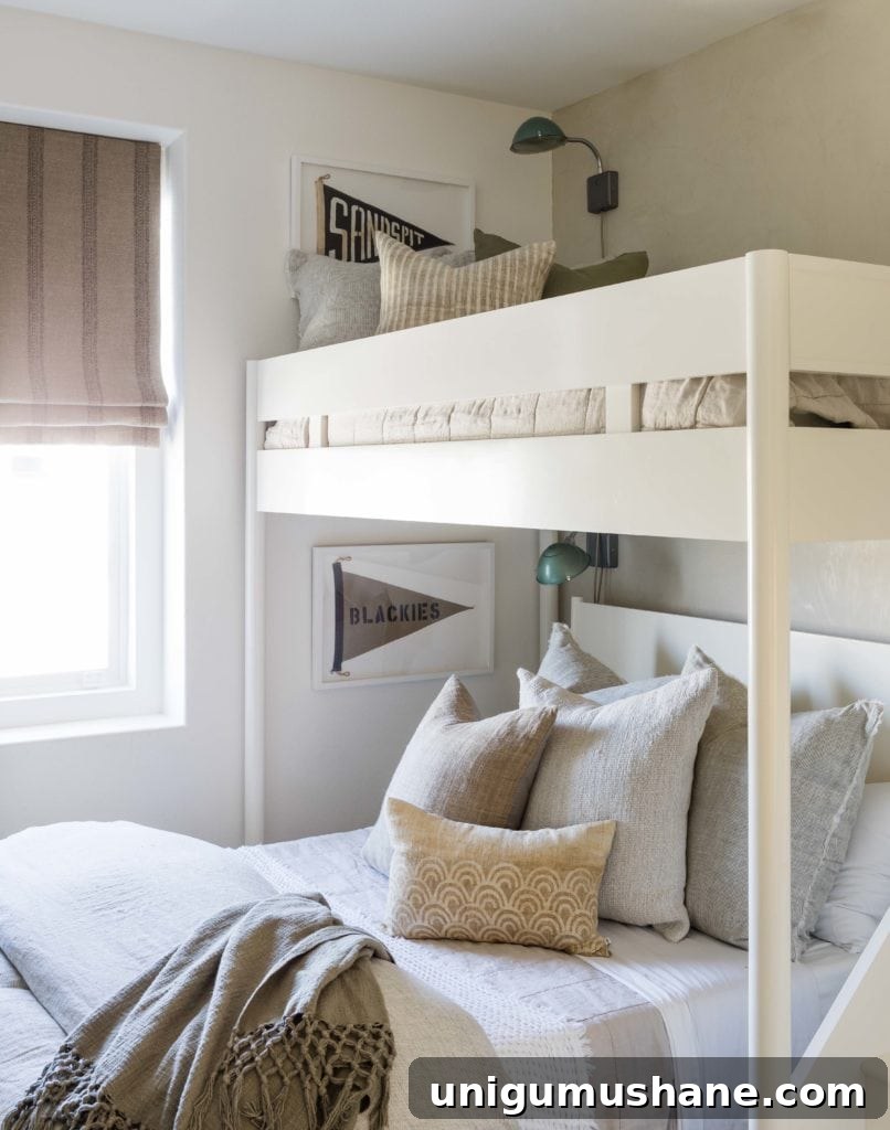Space-Saving Bunk Bed Ideas for Small Bedrooms 16 coastal clean and simple twin over full bunk bed with luxe bedding