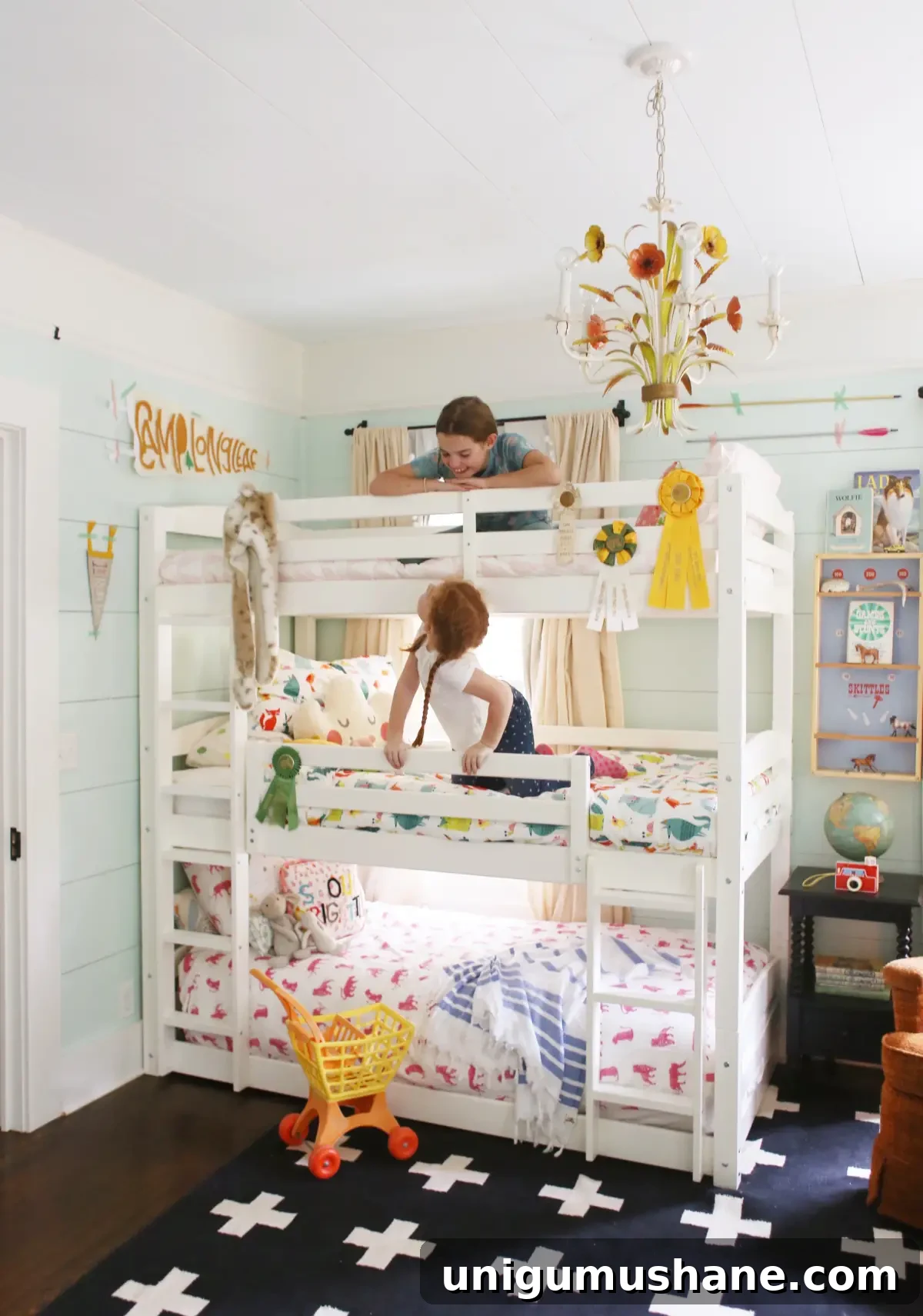 Space-Saving Bunk Bed Ideas for Small Bedrooms 3 white triple bunk bed with eclectic cottage style