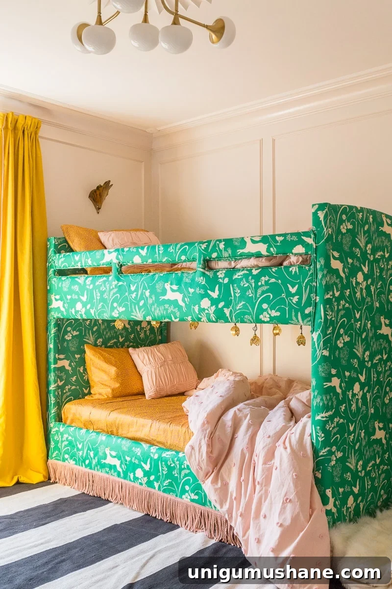 Space-Saving Bunk Bed Ideas for Small Bedrooms 21 DIY upholstered bunk bed idea with blush pink walls and yellow curtains