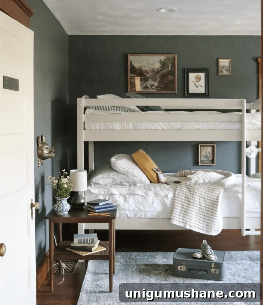 Space-Saving Bunk Bed Ideas for Small Bedrooms 7 gender neutral cottage bunk bed small room with antique accessories and vintage art