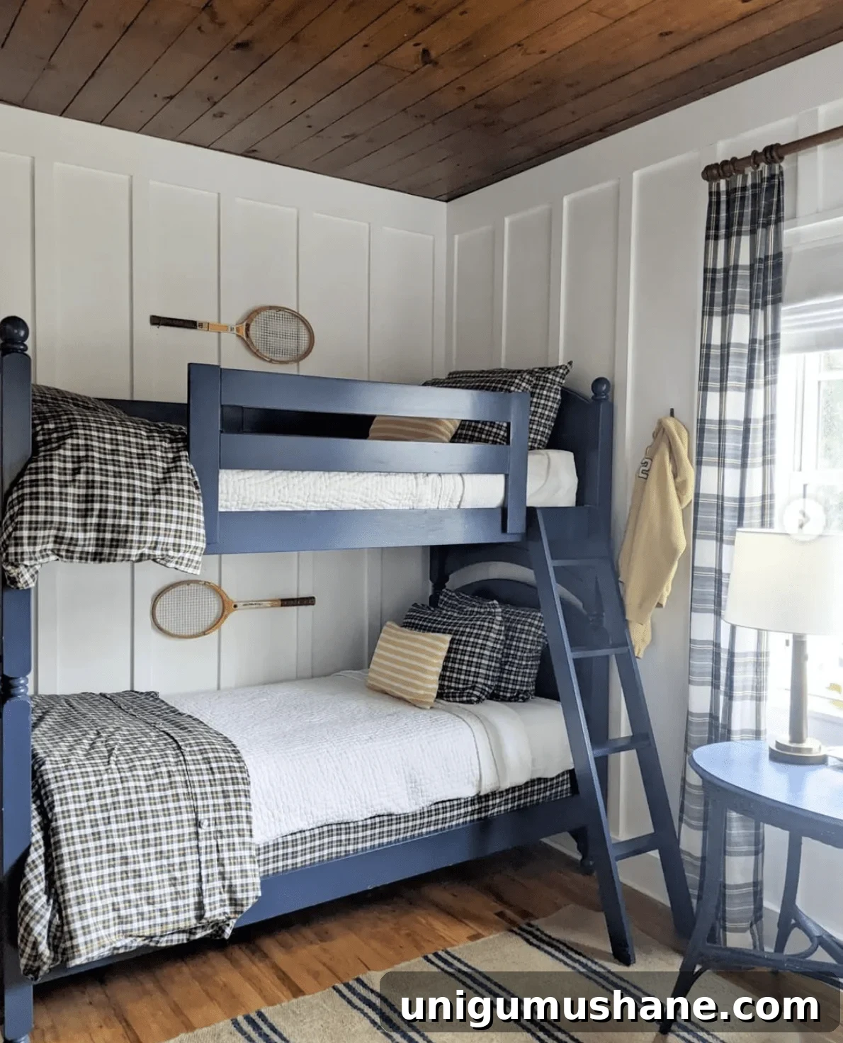 Space-Saving Bunk Bed Ideas for Small Bedrooms 9 rustic boys shared bedroom with wood ceiling, board and batten walls, and plaid fabrics