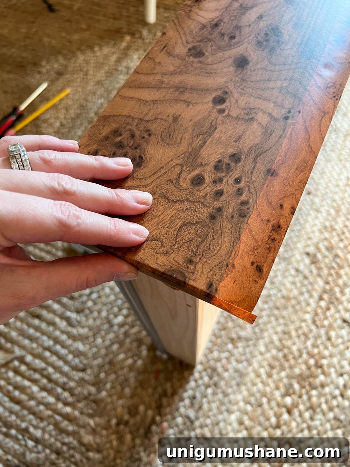 Transform an IKEA Dresser with Burl Wood Contact Paper 10 making a flap with contact paper for a dresser drawer