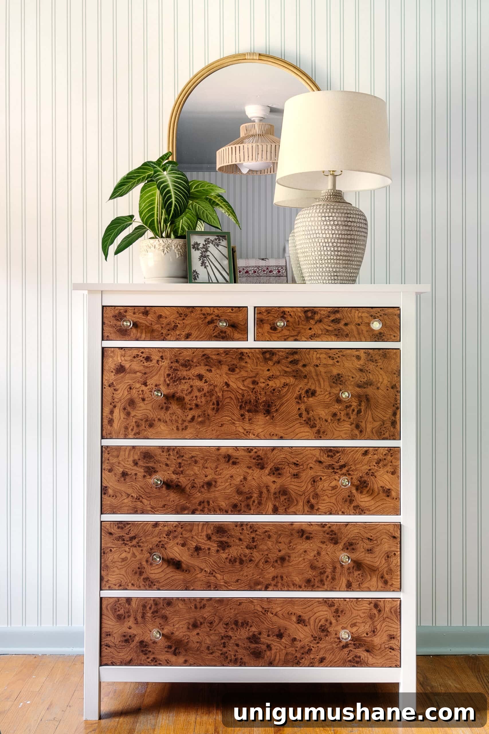 Beach-Themed Triple Bunk Bed Makeover for Teens 10 IKEA hack burl wood dresser using contact paper with arched rattan mirror and coastal lamp