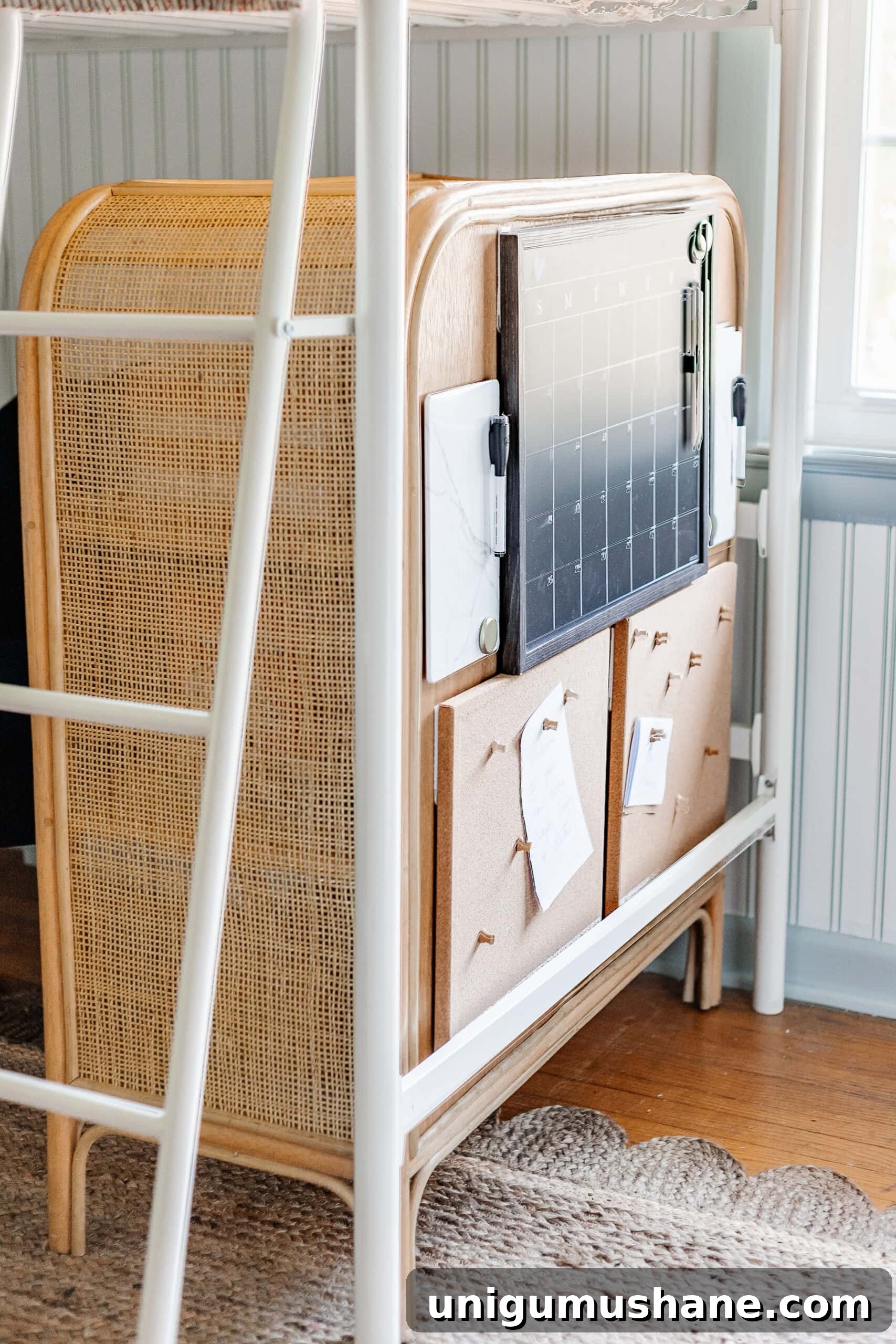 Beach-Themed Triple Bunk Bed Makeover for Teens 12 command center wall in teen / kids shared room